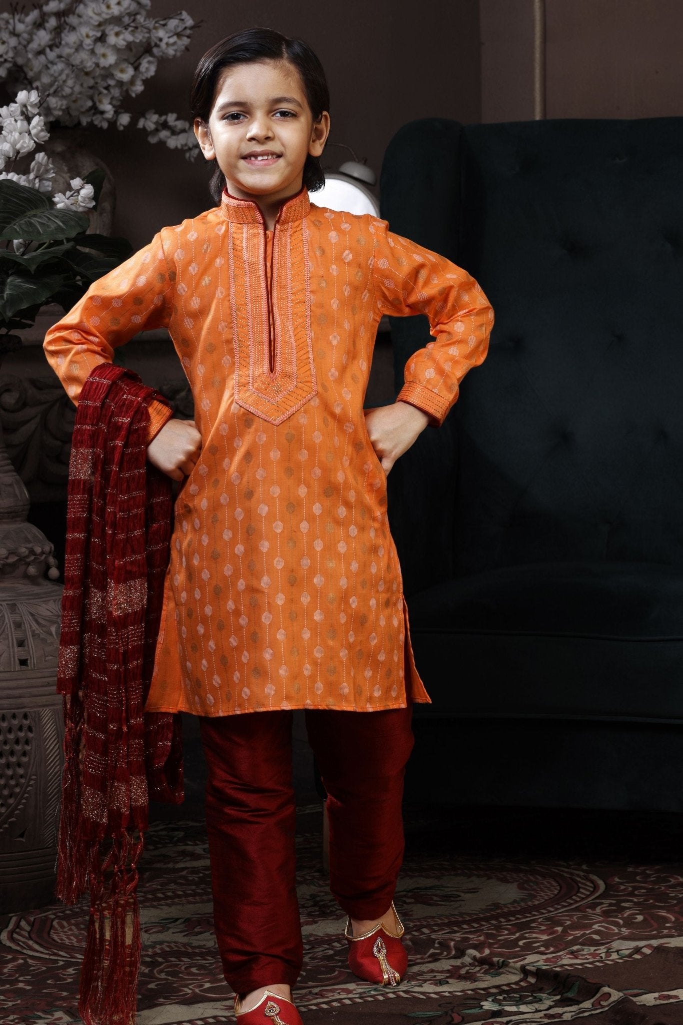 Vibrant Boys Orange Kurta Pyjama Set with Red Dupatta - Mangaldeep NX