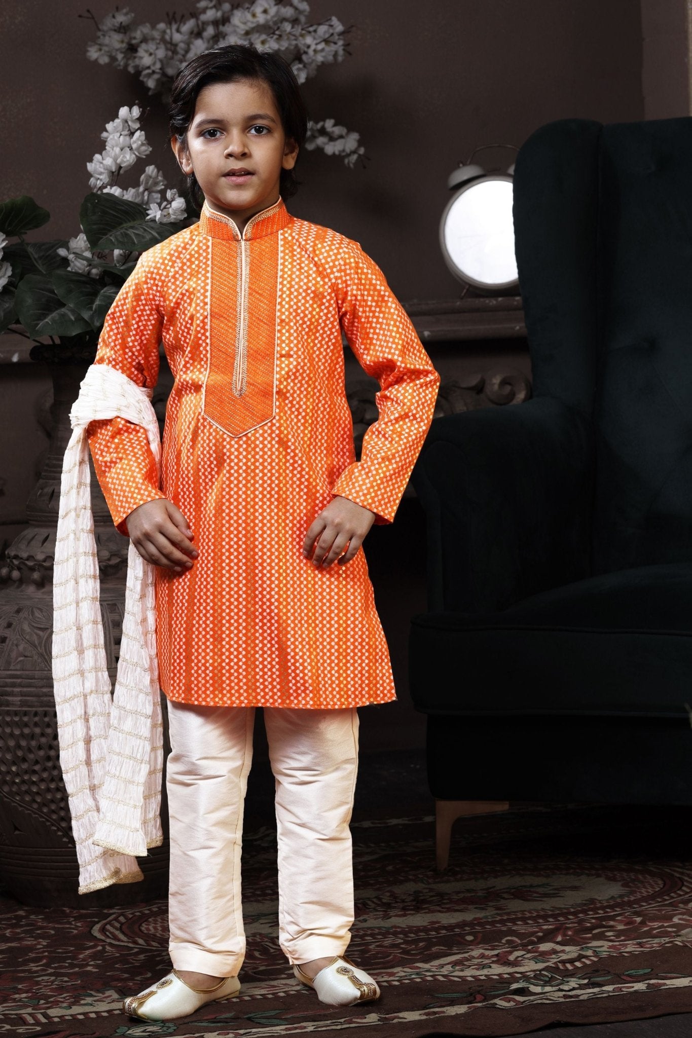 Vibrant Boys Orange Printed Kurta with Cream Pyjama and White Dupatta - Mangaldeep NX