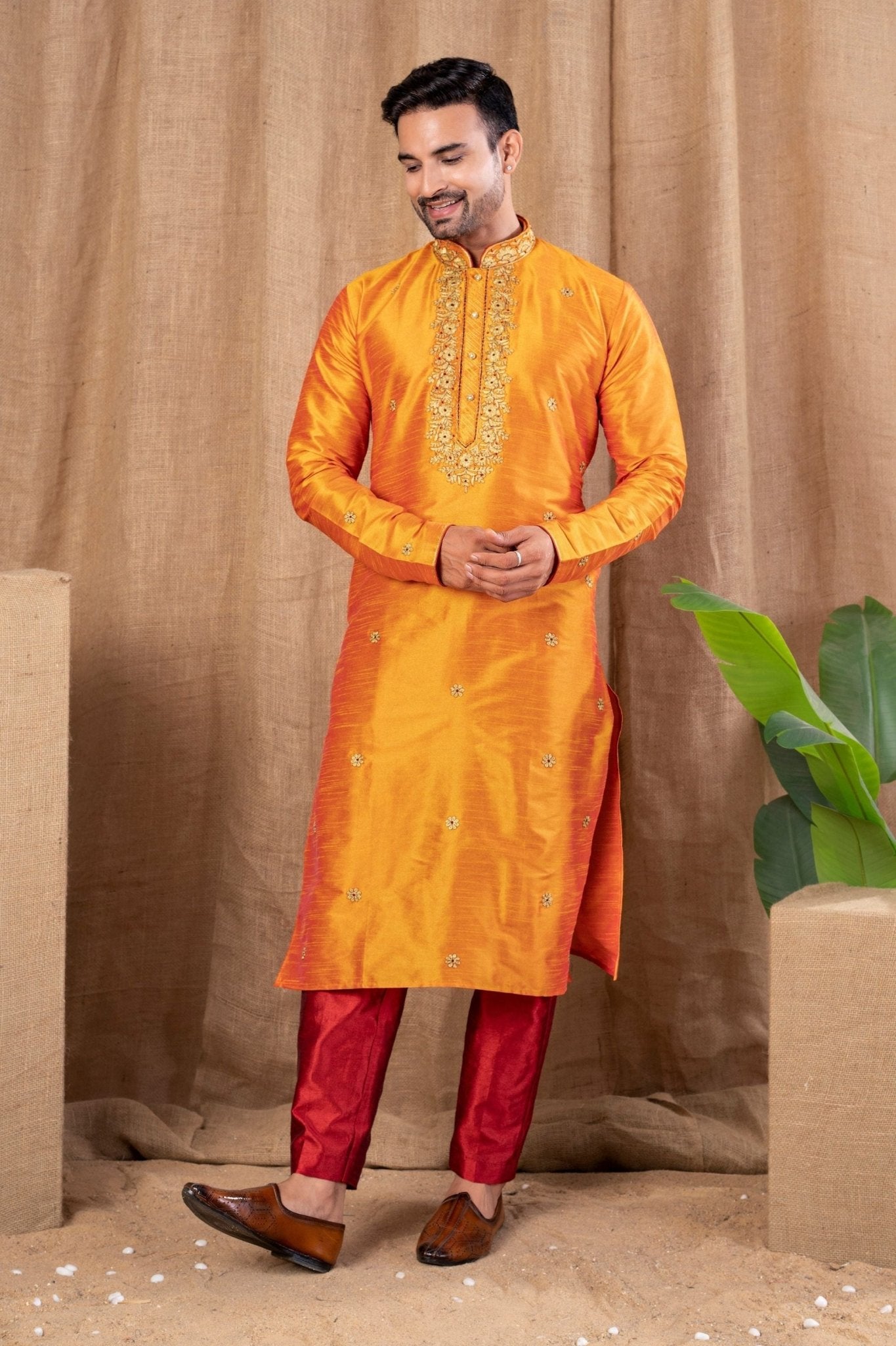 Vibrant Orange Embroidered Art Silk Kurta for Men with Maroon Pyjama - Mangaldeep NX