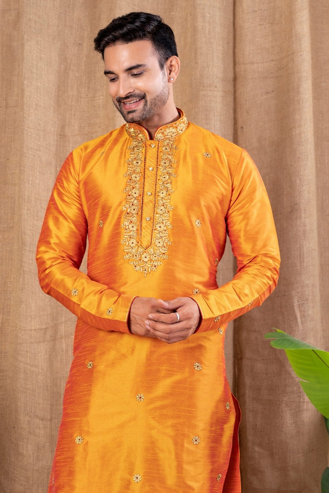 Vibrant Orange Embroidered Art Silk Kurta for Men with Maroon Pyjama - Mangaldeep NX