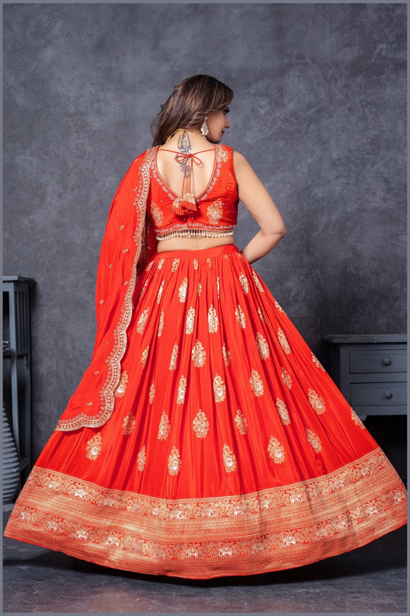 Vibrant Orange Embroidered Silk Lehenga Choli Set with Zari and Mirror Work Dupatta - Mangaldeep NX