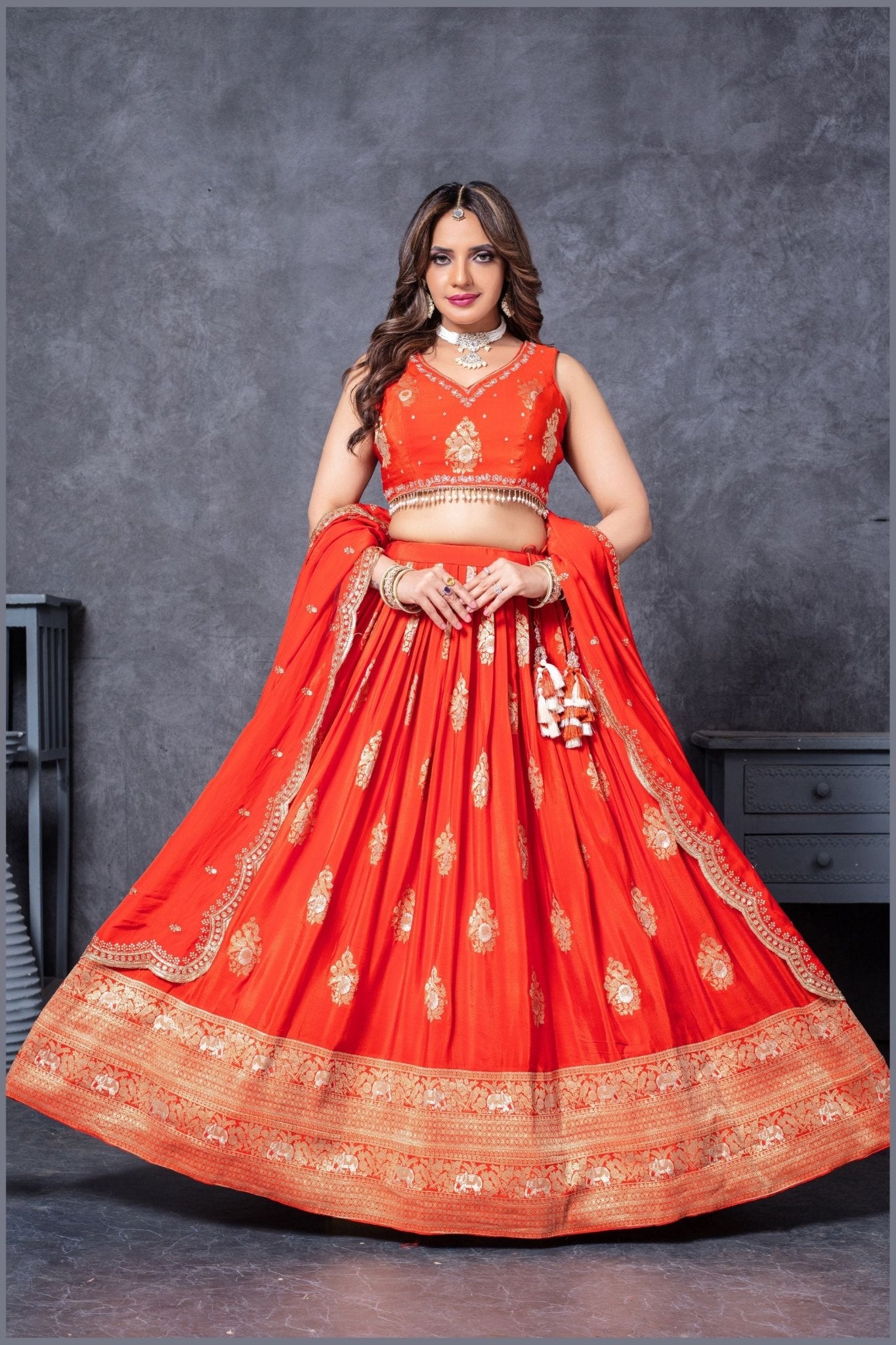 Vibrant Orange Embroidered Silk Lehenga Choli Set with Zari and Mirror Work Dupatta - Mangaldeep NX