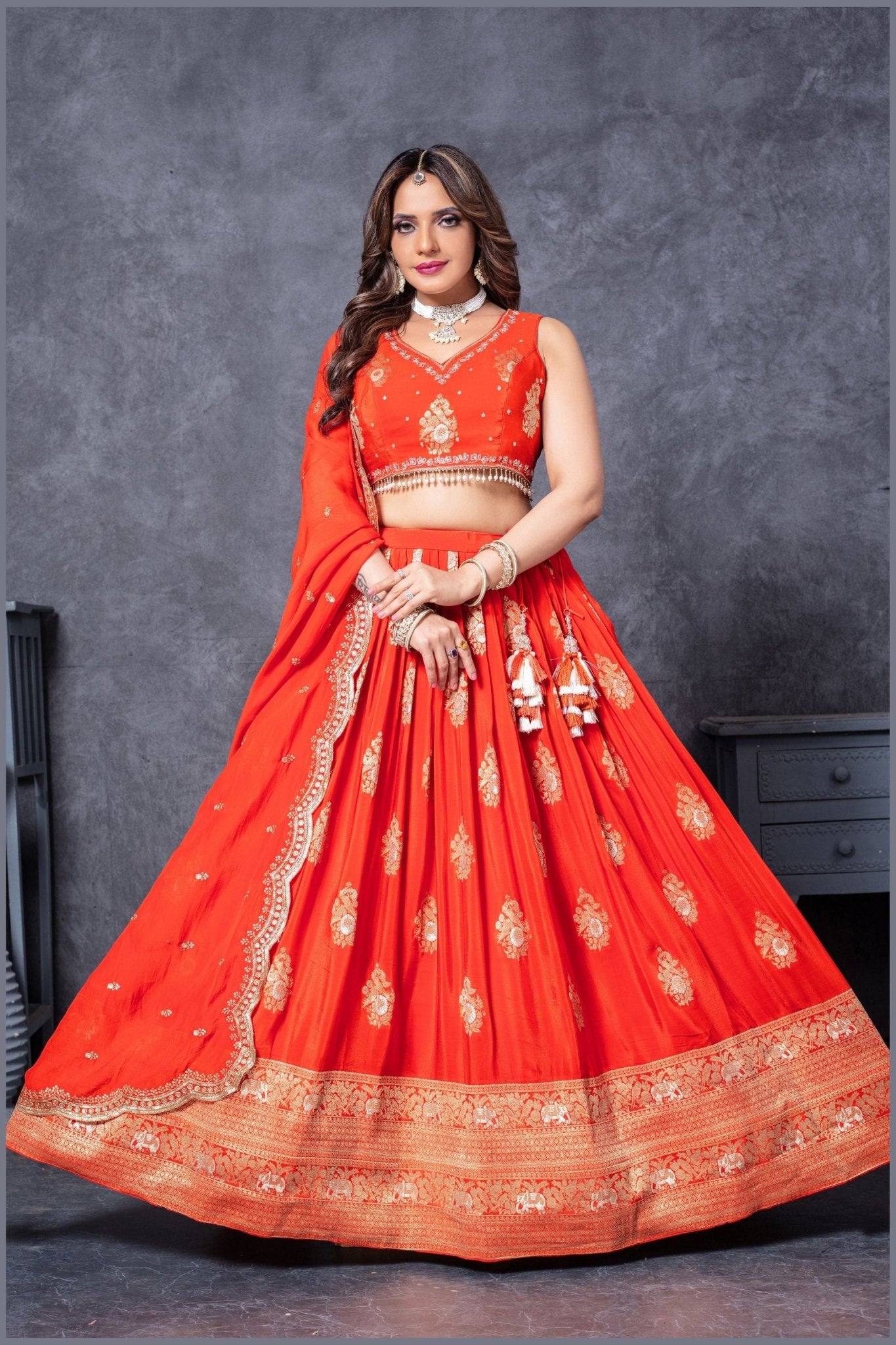 Vibrant Orange Embroidered Silk Lehenga Choli Set with Zari and Mirror Work Dupatta - Mangaldeep NX