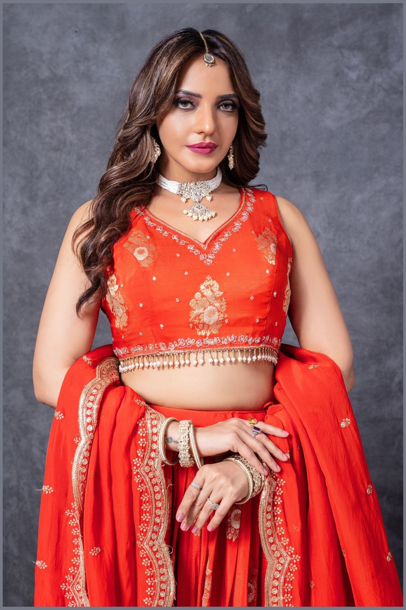 Vibrant Orange Embroidered Silk Lehenga Choli Set with Zari and Mirror Work Dupatta - Mangaldeep NX