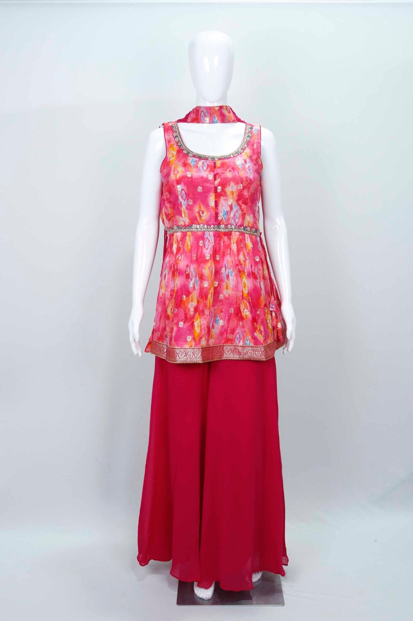 Vibrant Pink Printed Peplum Palazzo Sharara Set - Mangaldeep NX