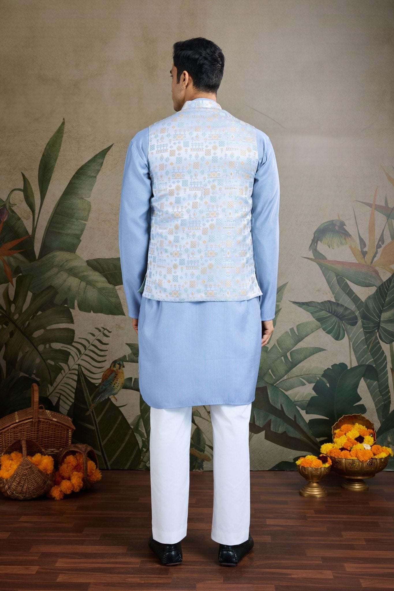 Wedding Wear Blue Silk Kurta with Jacquard Koti - Mangaldeep NX