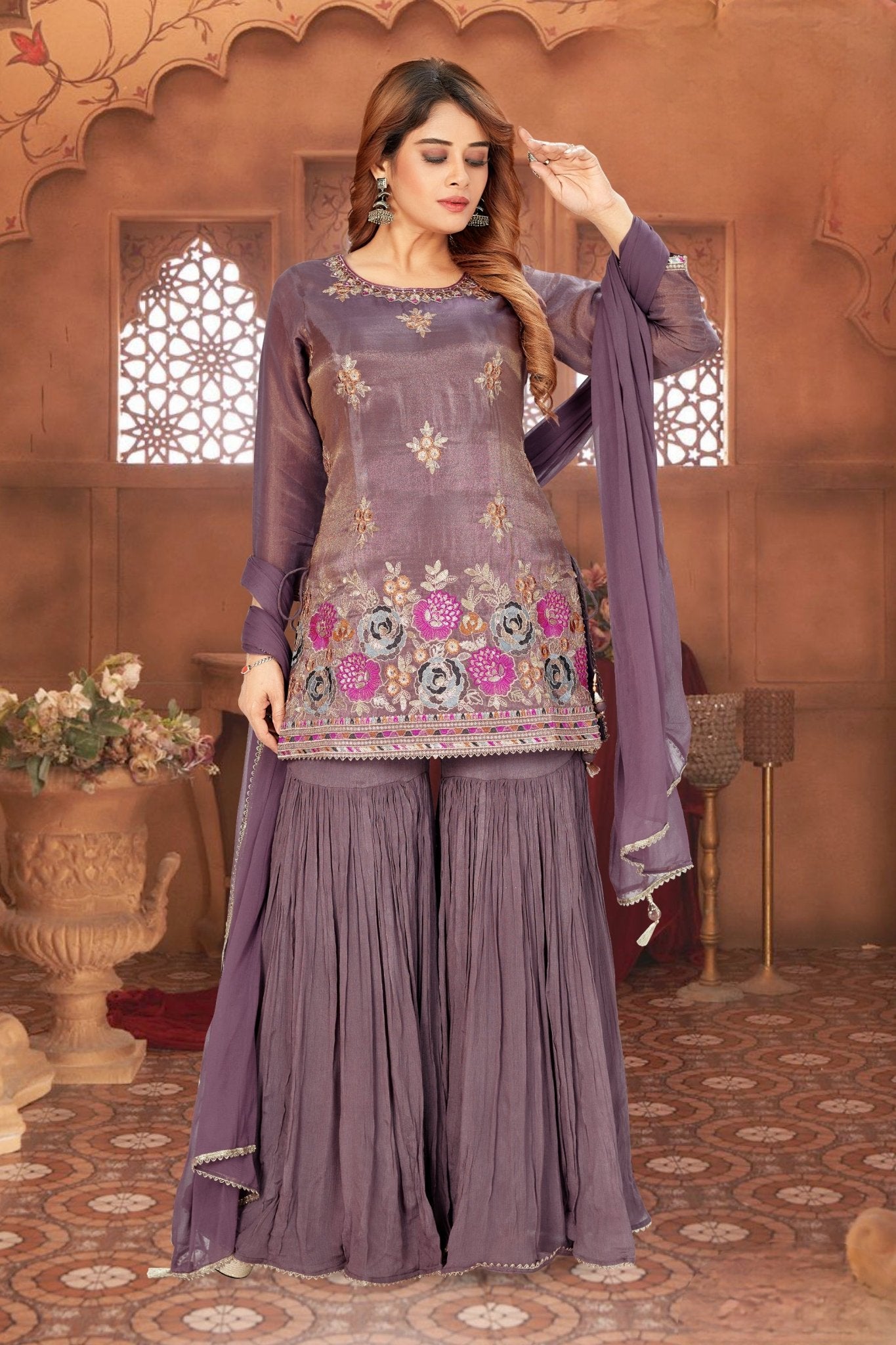 Wedding Wear Purple Embroidered Palazzo Suit for Women - Mangaldeep NX