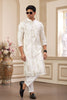 White and Gold Embroidered Kurta Pajama Set for Men - Mangaldeep NX