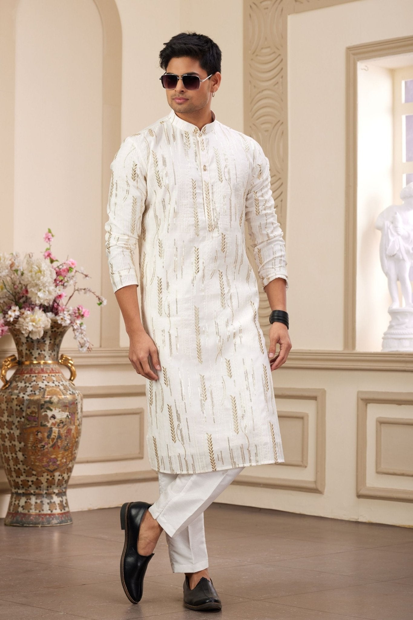 White and Gold Embroidered Kurta Pajama Set for Men – Mangaldeep NX