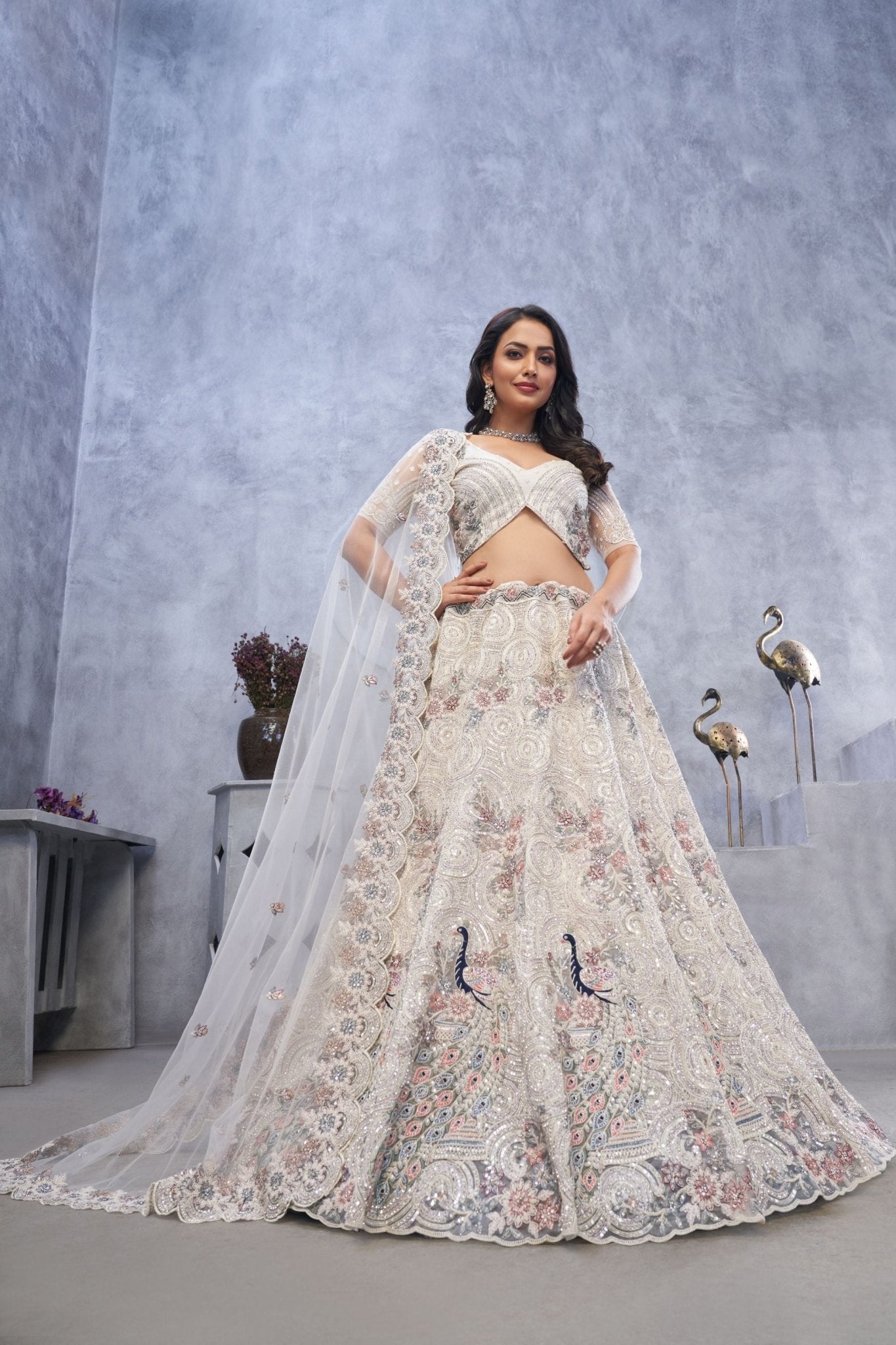 White Embroidered A - Line Lehenga Choli with Sequins and Peacock Motifs - Mangaldeep NX