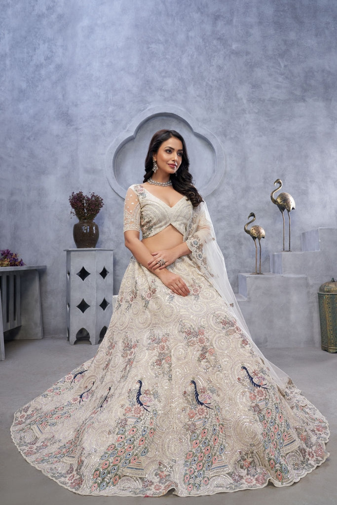 White Embroidered A - Line Lehenga Choli with Sequins and Peacock Motifs - Mangaldeep NX