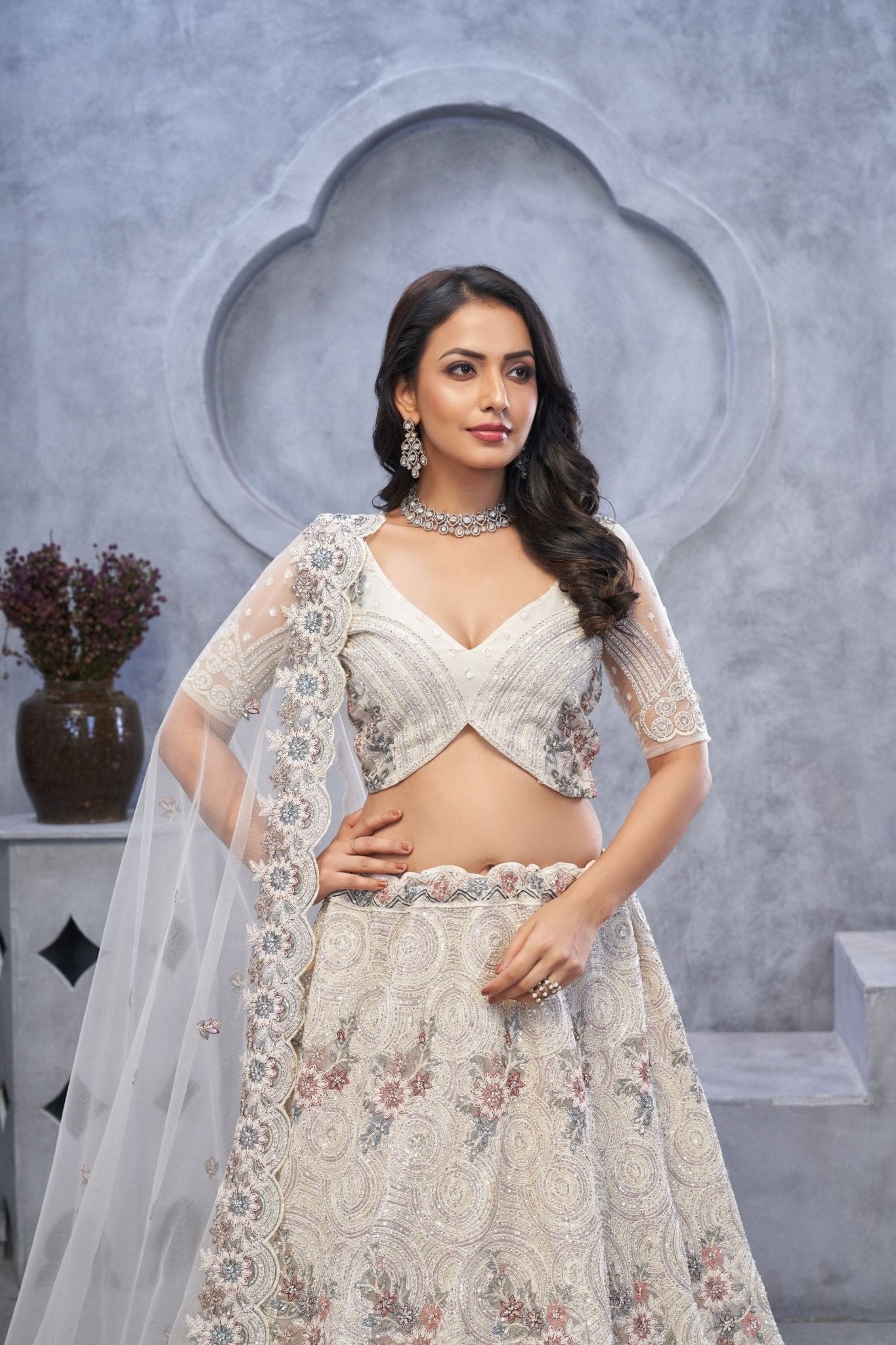 White Embroidered A - Line Lehenga Choli with Sequins and Peacock Motifs - Mangaldeep NX