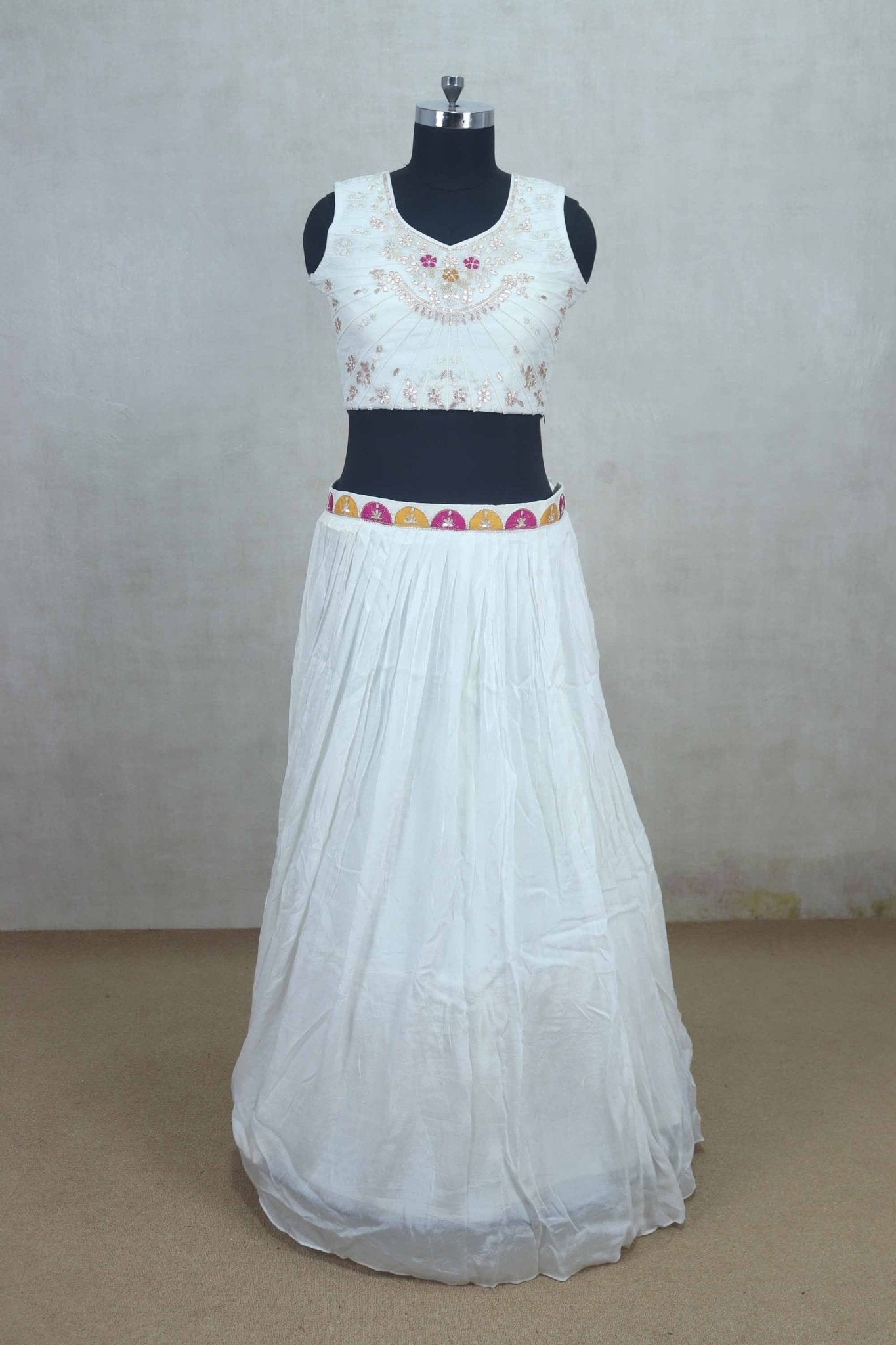White Embroidered Crop Top Lehenga Set with Sheer Jacket - Mangaldeep NX