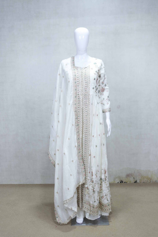 White Floral Embroidered Anarkali Kurta Sharara Set with Dupatta for Festive Wear - Mangaldeep NX