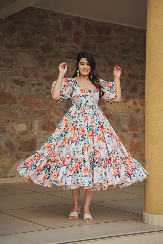 White Floral Printed Cotton Anarkali Dress with Puff Sleeves and Ruffled Hem - Mangaldeep NX