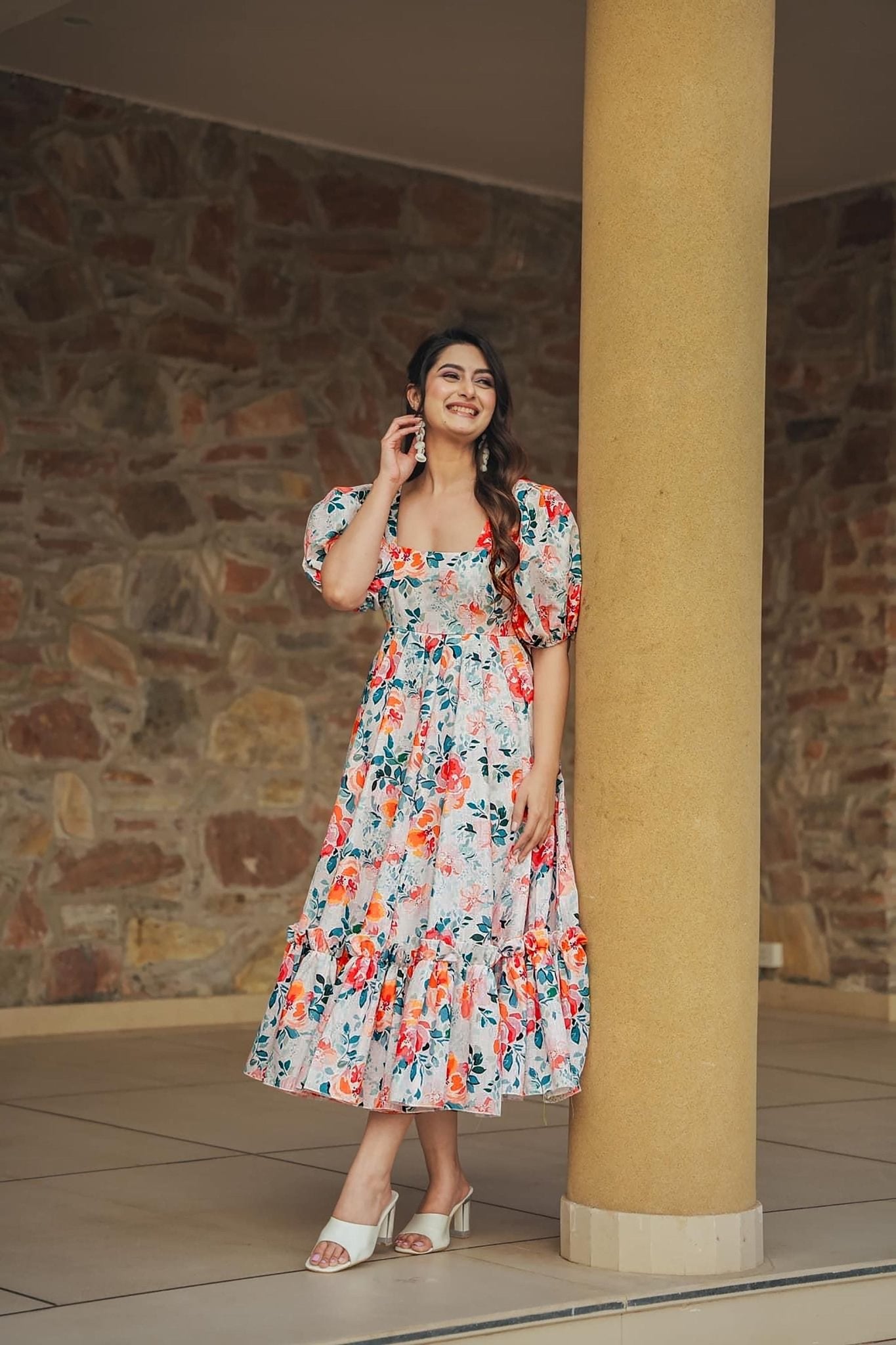 White Floral Printed Cotton Anarkali Dress with Puff Sleeves and Ruffled Hem - Mangaldeep NX