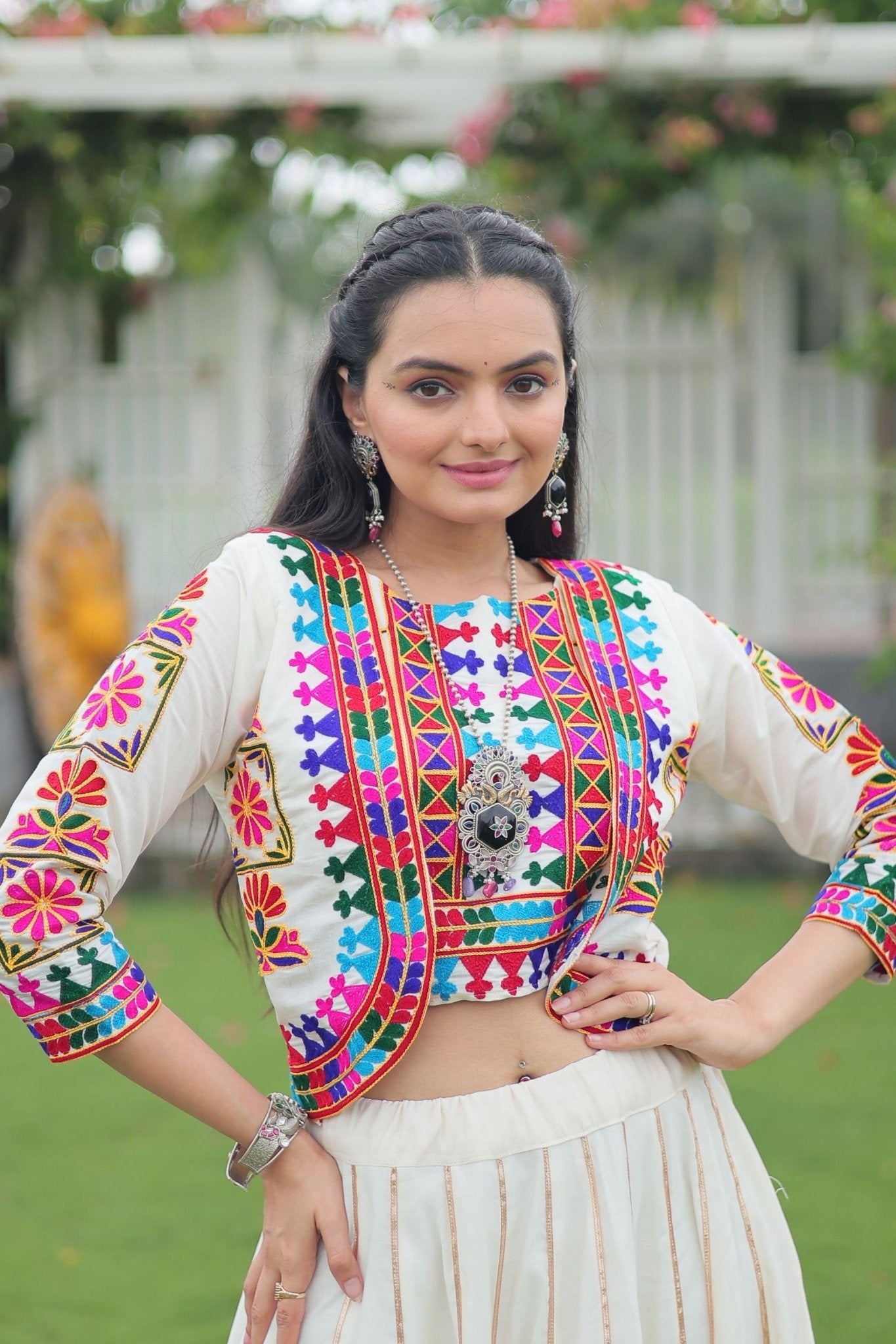 White Mirror Work Embroidered Lehenga Choli Set with Multicolor Threadwork Jacket - Mangaldeep NX