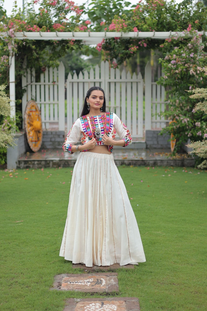 White Mirror Work Embroidered Lehenga Choli Set with Multicolor Threadwork Jacket - Mangaldeep NX