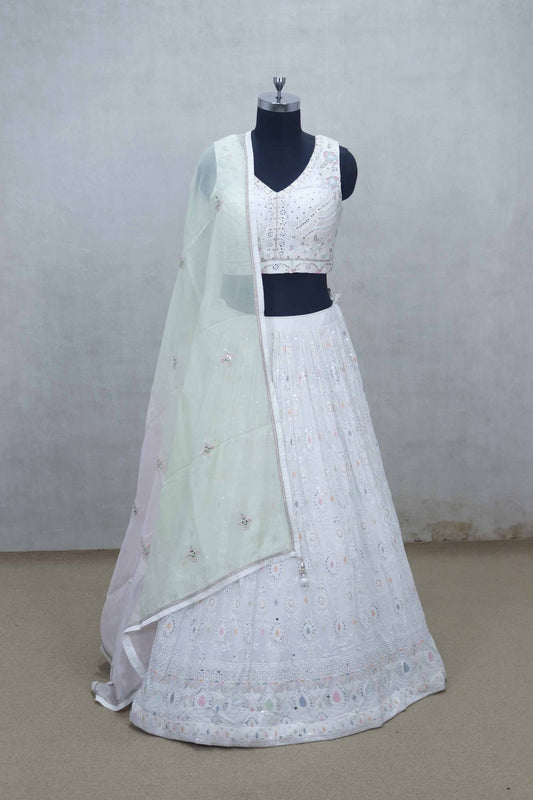 White Mirror Work Embroidered Lehenga Choli with Pastel Thread Details and Mint Net Dupatta - Mangaldeep NX
