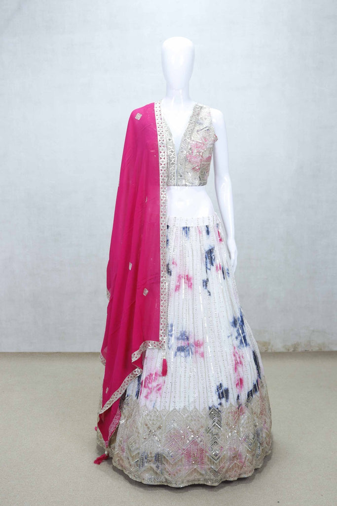 White Tie - Dye Effect Embroidered Lehenga Choli with Hot Pink Dupatta - Mangaldeep NX