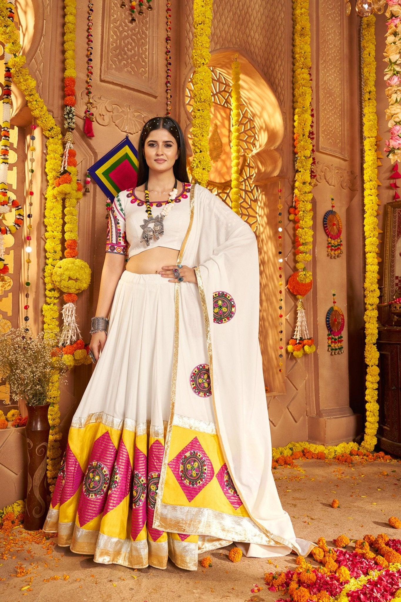 White Traditional Garba Lehenga Choli Set with Pink Patch Embroidery for Navratri - Mangaldeep NX