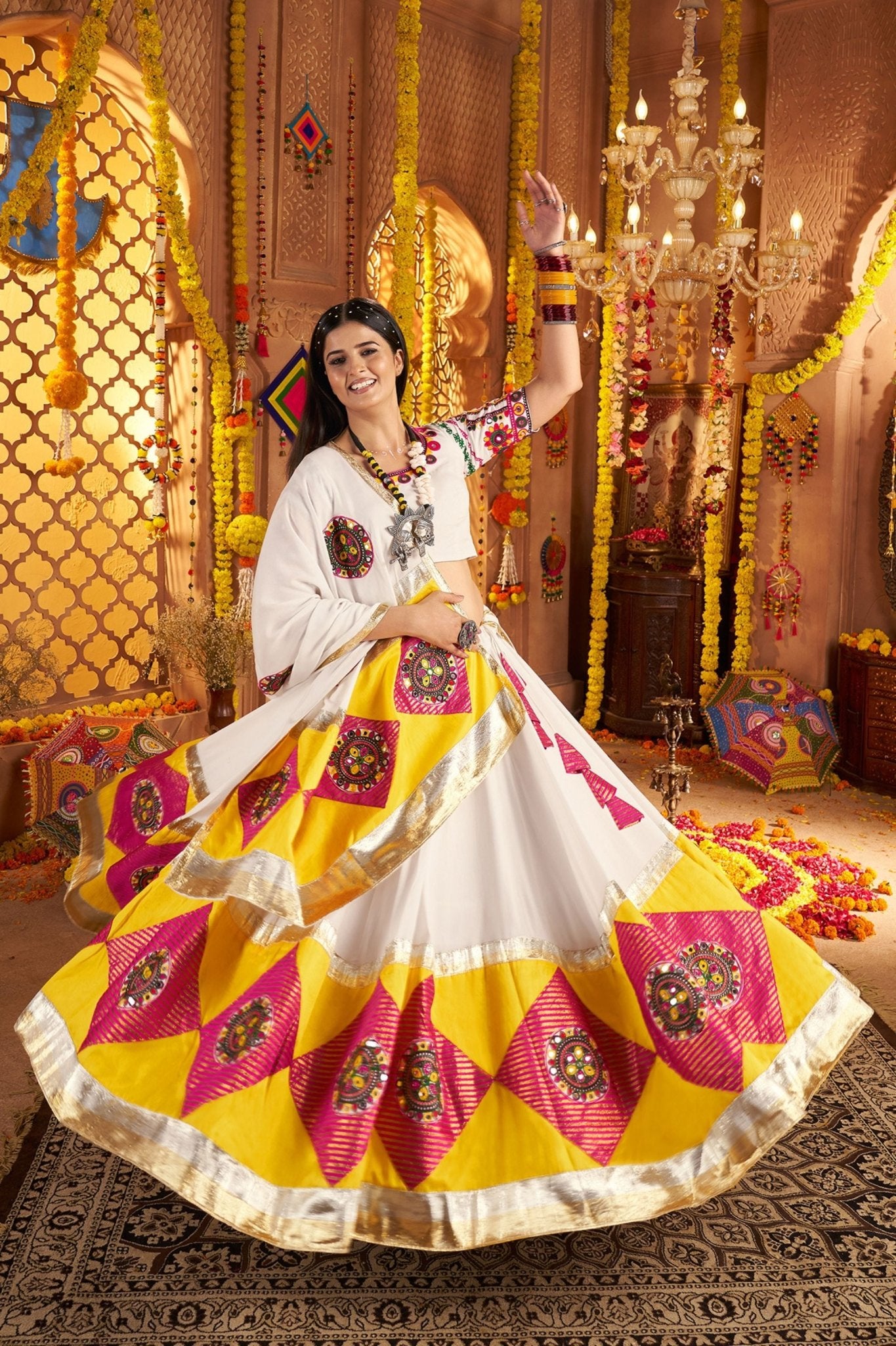White Traditional Garba Lehenga Choli Set with Pink Patch Embroidery for Navratri - Mangaldeep NX