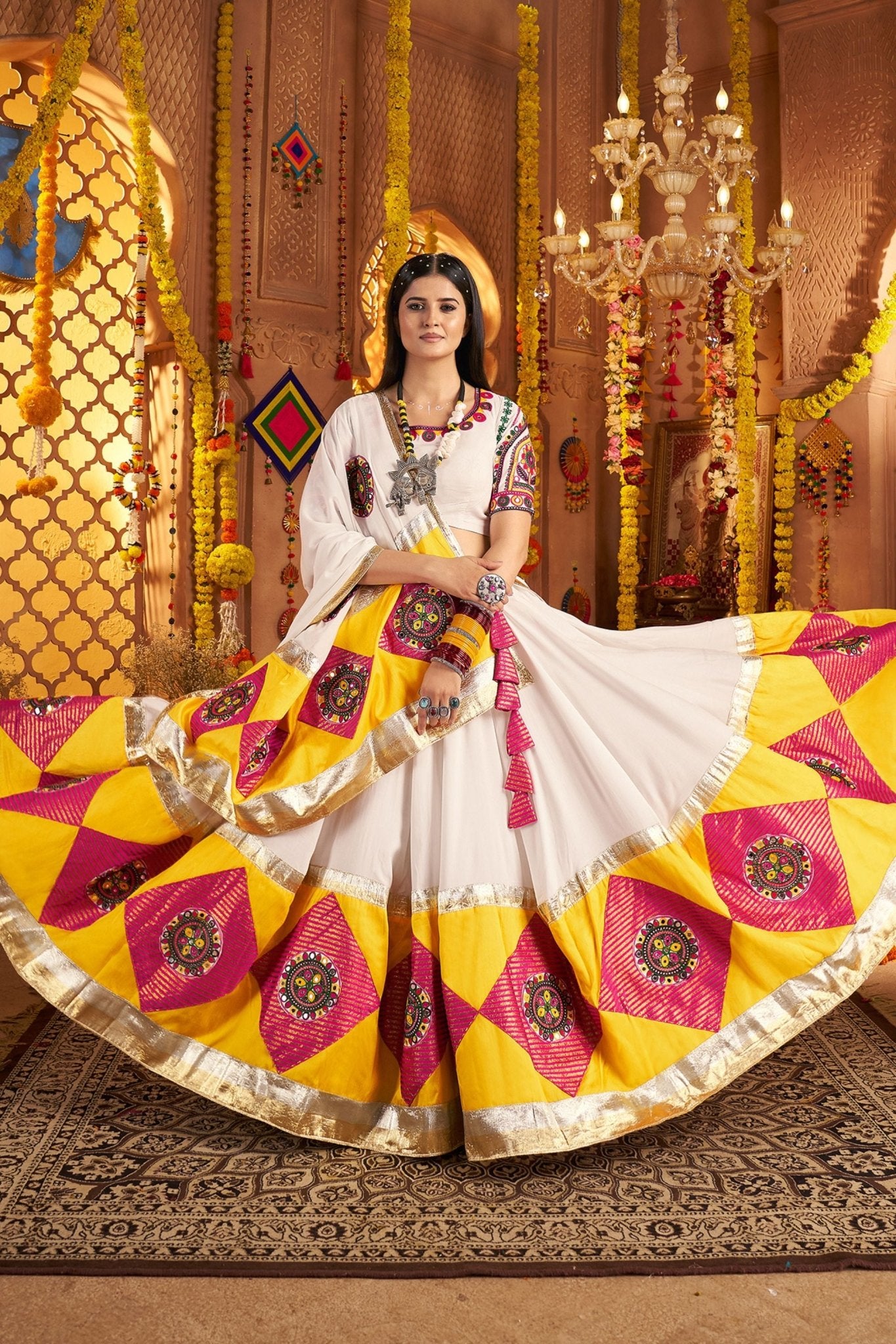 White Traditional Garba Lehenga Choli Set with Pink Patch Embroidery for Navratri - Mangaldeep NX