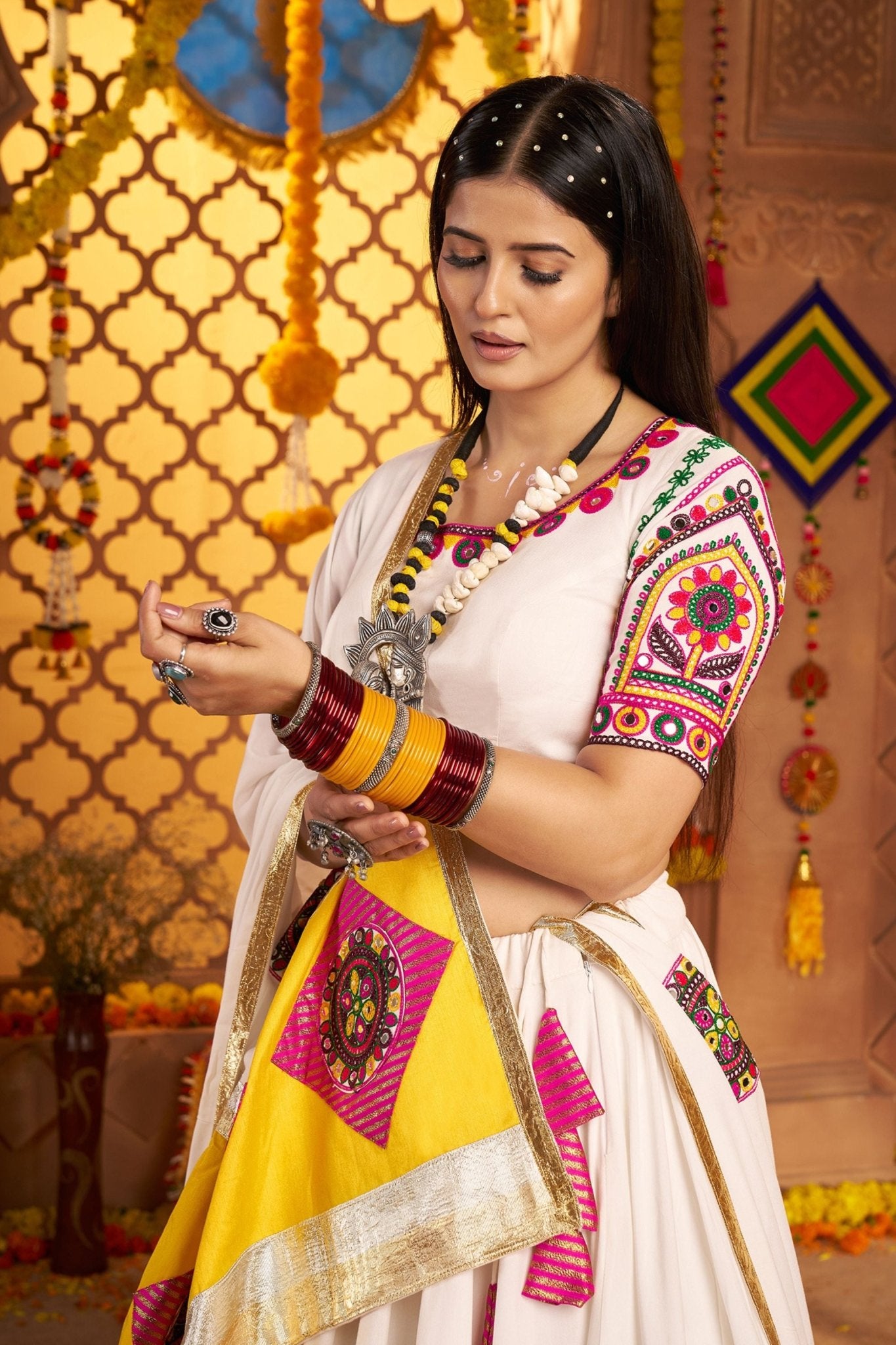 White Traditional Garba Lehenga Choli Set with Pink Patch Embroidery for Navratri - Mangaldeep NX