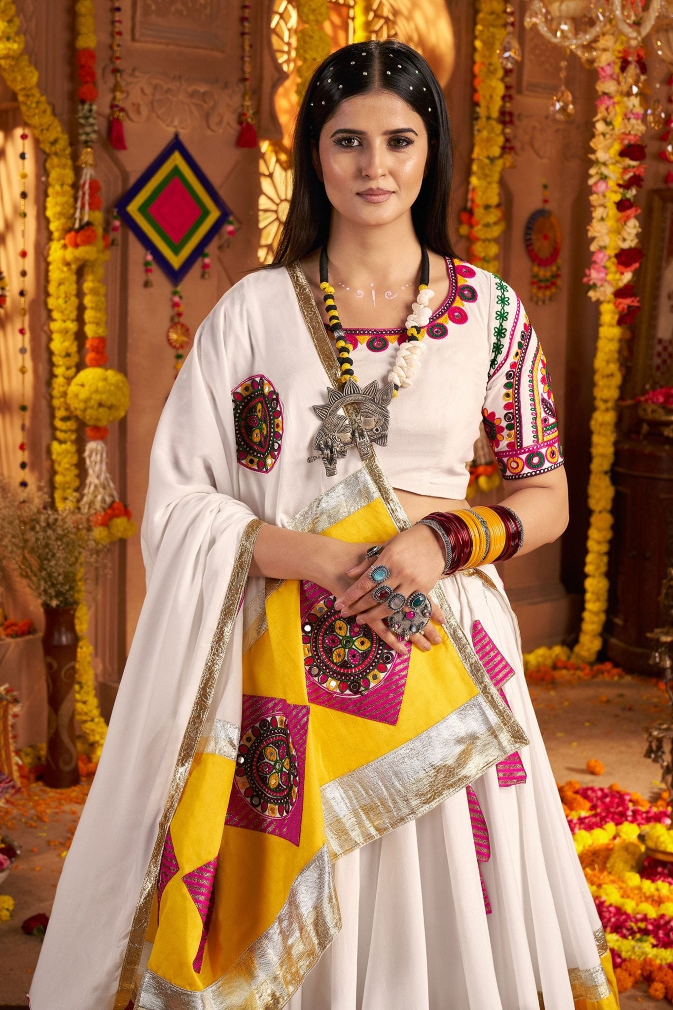 White Traditional Garba Lehenga Choli Set with Pink Patch Embroidery for Navratri - Mangaldeep NX