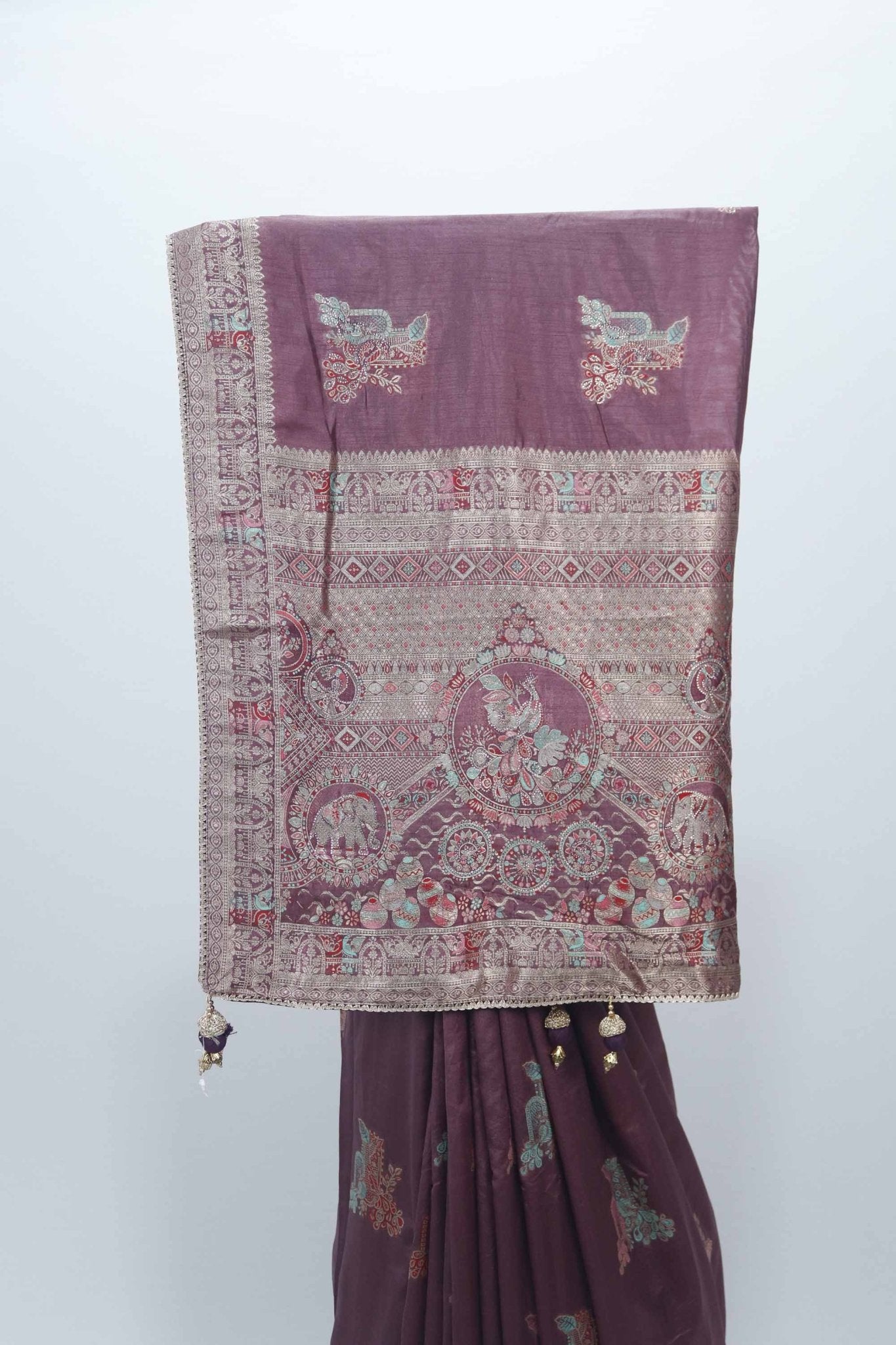 Wine Bangalori Silk Saree with Zari Woven Pallu and Traditional Peacock Motifs - Mangaldeep NX