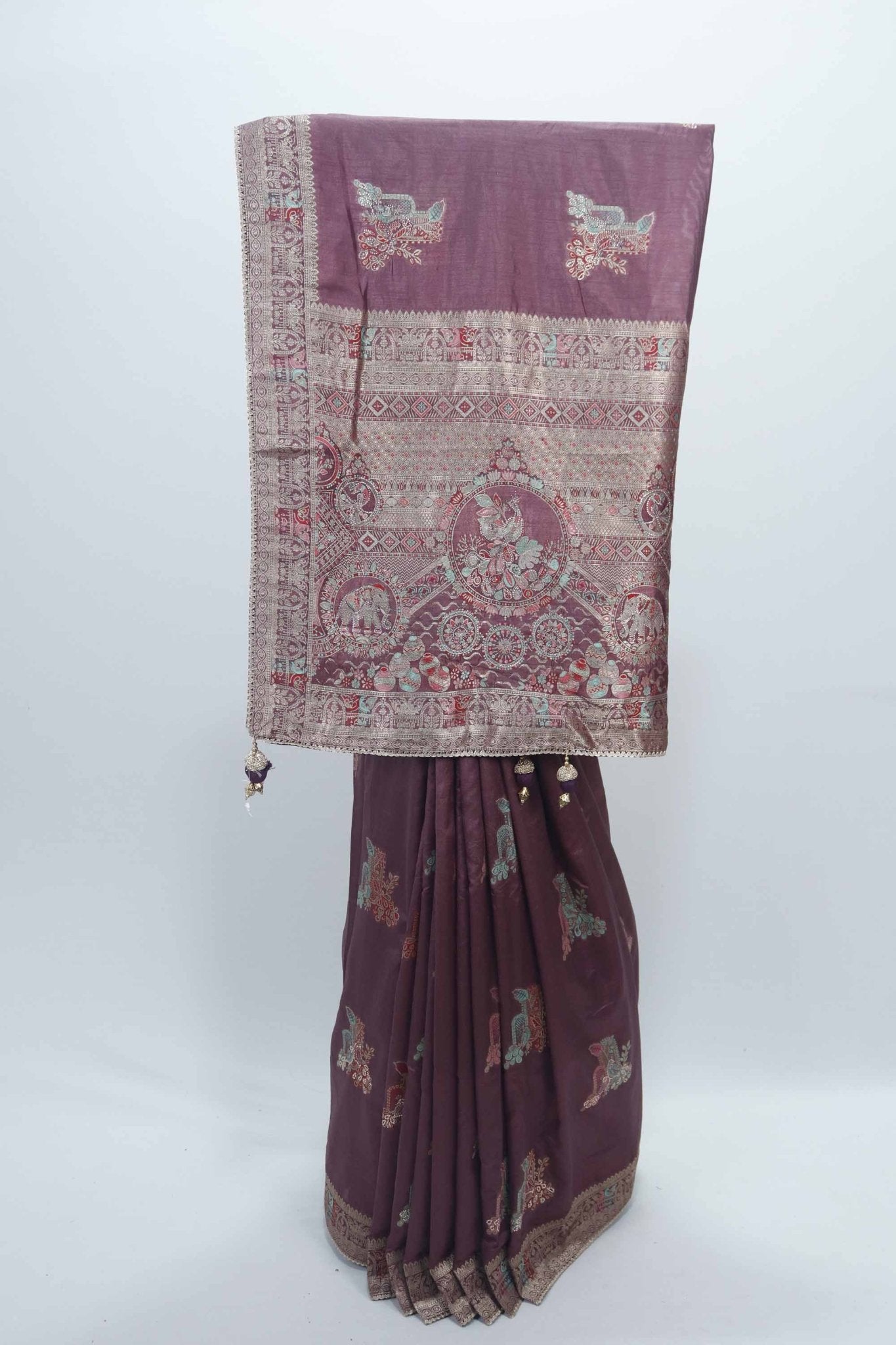 Wine Bangalori Silk Saree with Zari Woven Pallu and Traditional Peacock Motifs - Mangaldeep NX