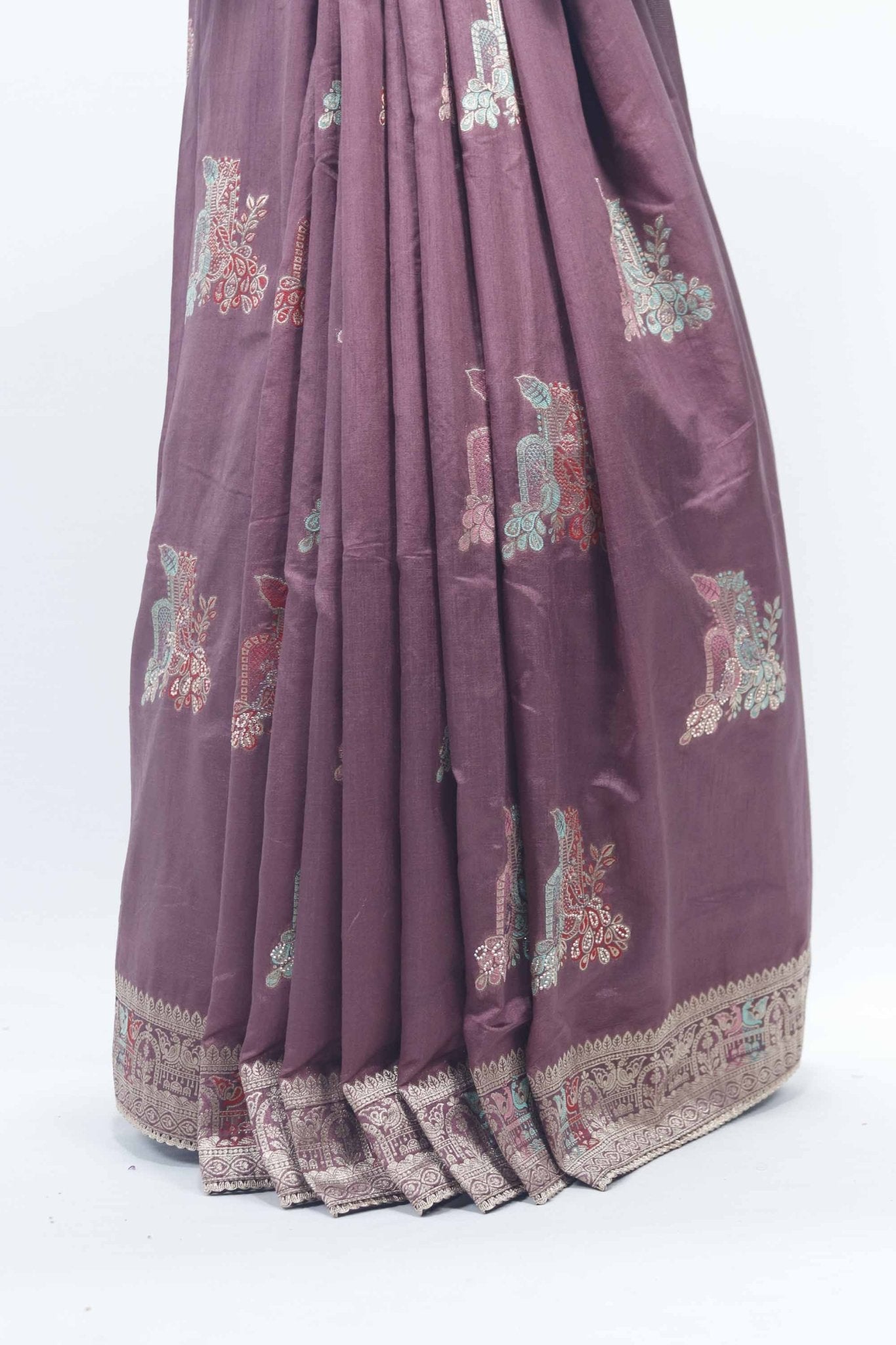 Wine Bangalori Silk Saree with Zari Woven Pallu and Traditional Peacock Motifs - Mangaldeep NX