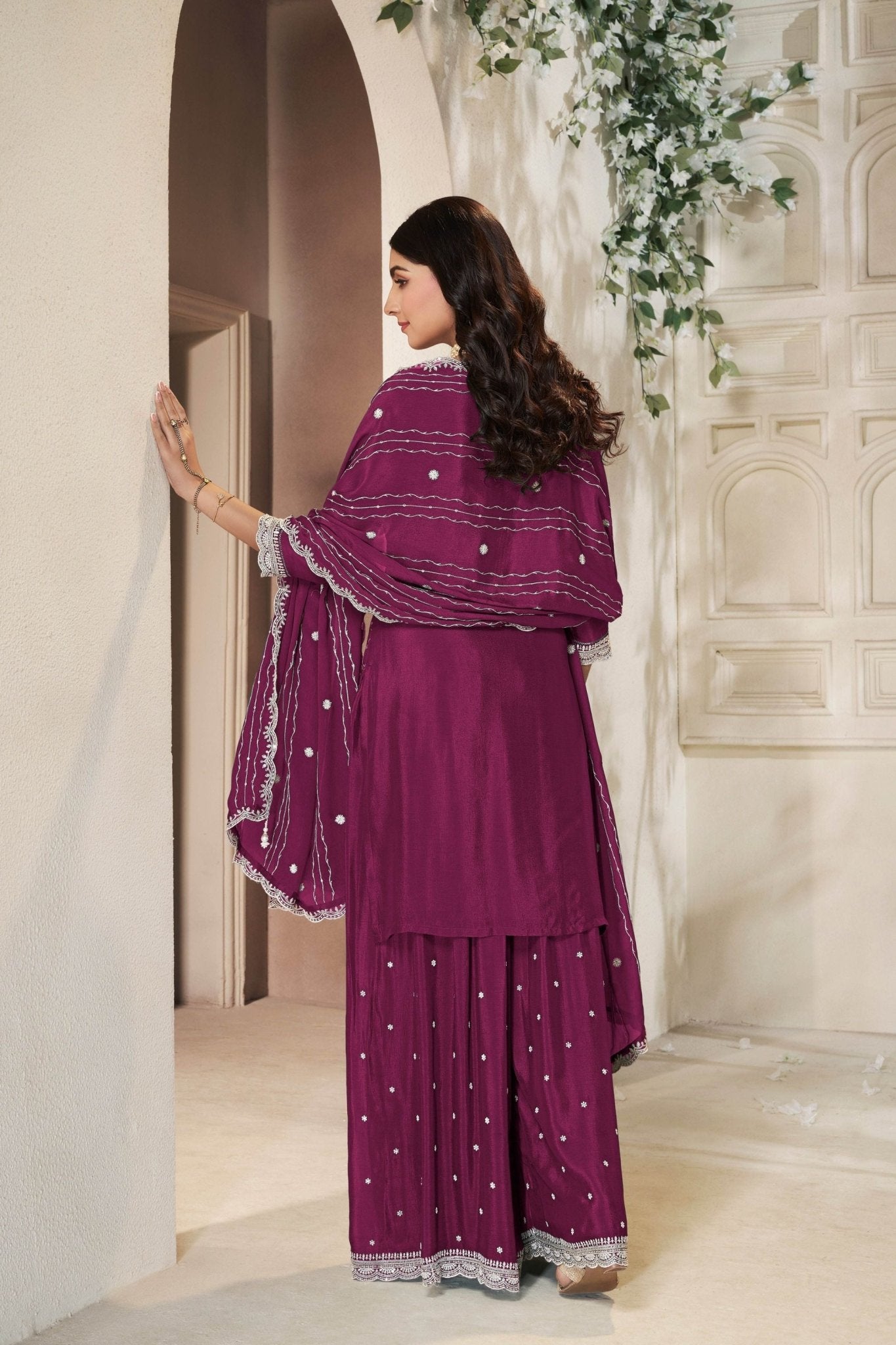 Wine Chinon Embroidered Readymade Palazzo Suit with Dupatta - Mangaldeep NX