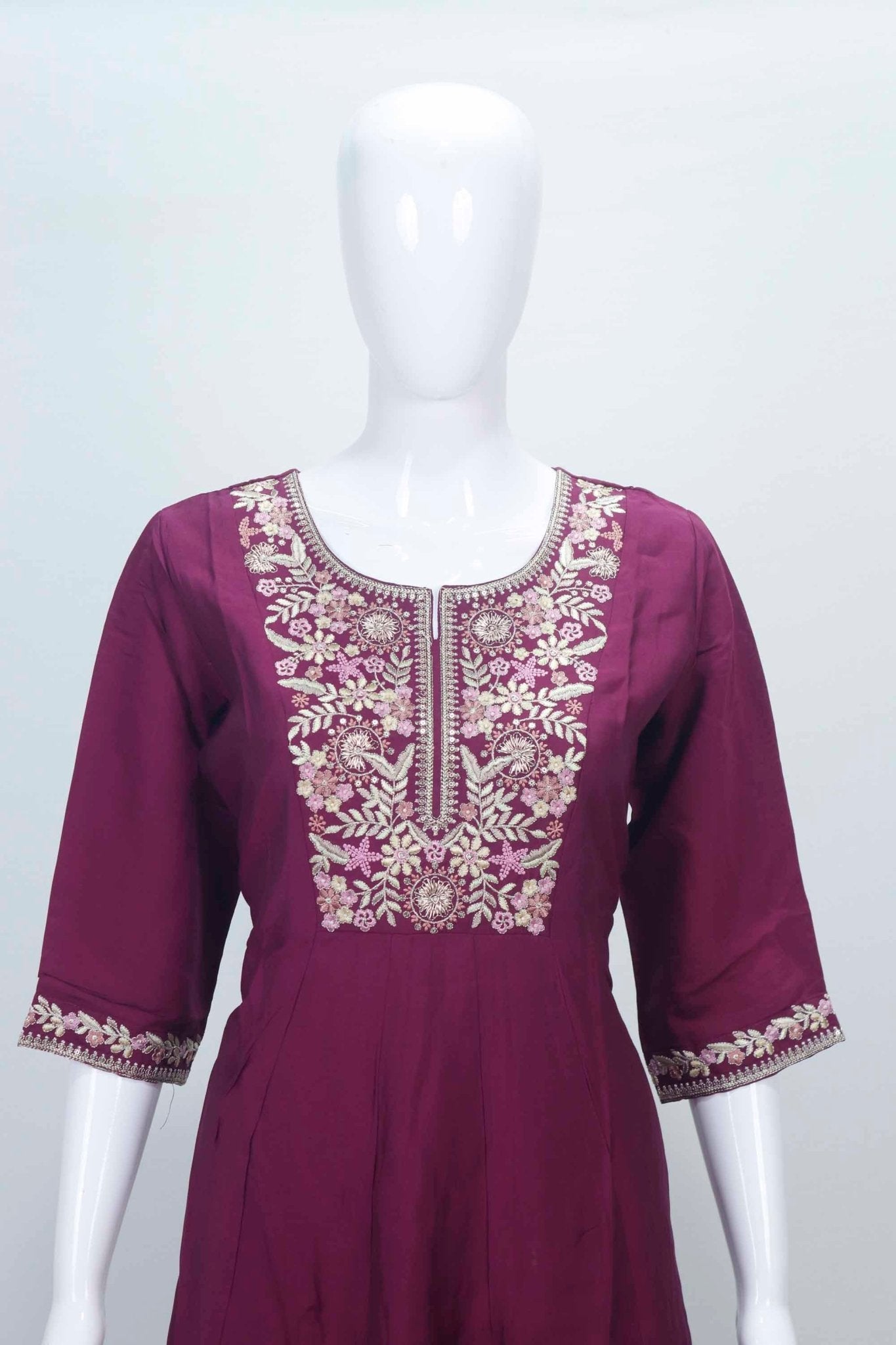Wine Embroidered Cotton Straight Cut Suit with Matching Dupatta - Mangaldeep NX