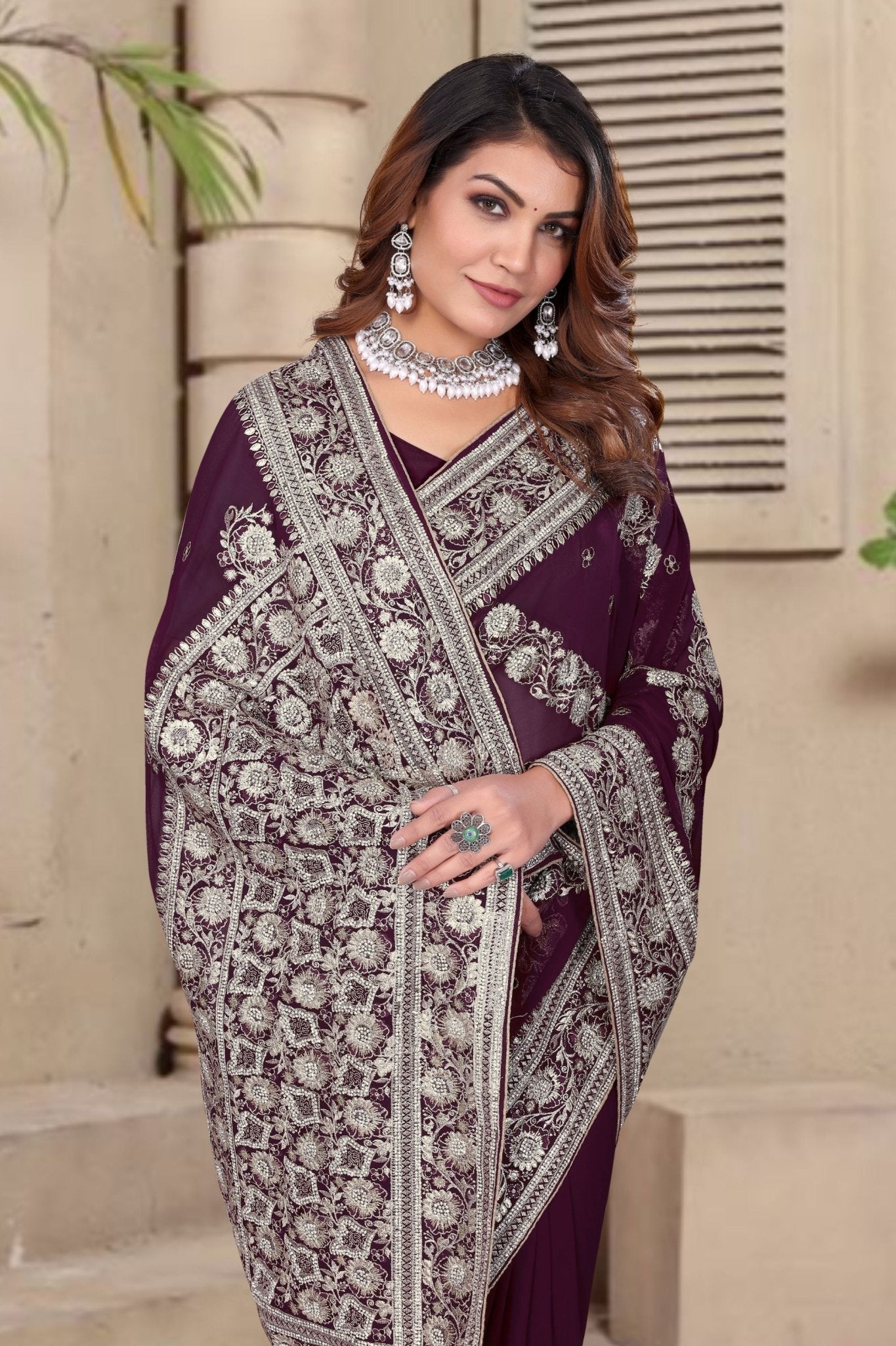 Wine Embroidered Georgette Saree with Silver Floral Thread Work and Matching Blouse Piece - Mangaldeep NX