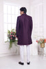 Wine Embroidered Silk Indo - Western Sherwani Set for Men with Leaf Motif Detailing and Matching Kurta - Mangaldeep NX