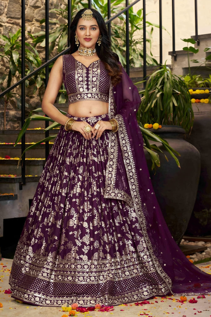 Wine Embroidered Silk Lehenga Choli Set with Mirror Work and Sequin Dupatta - Mangaldeep NX