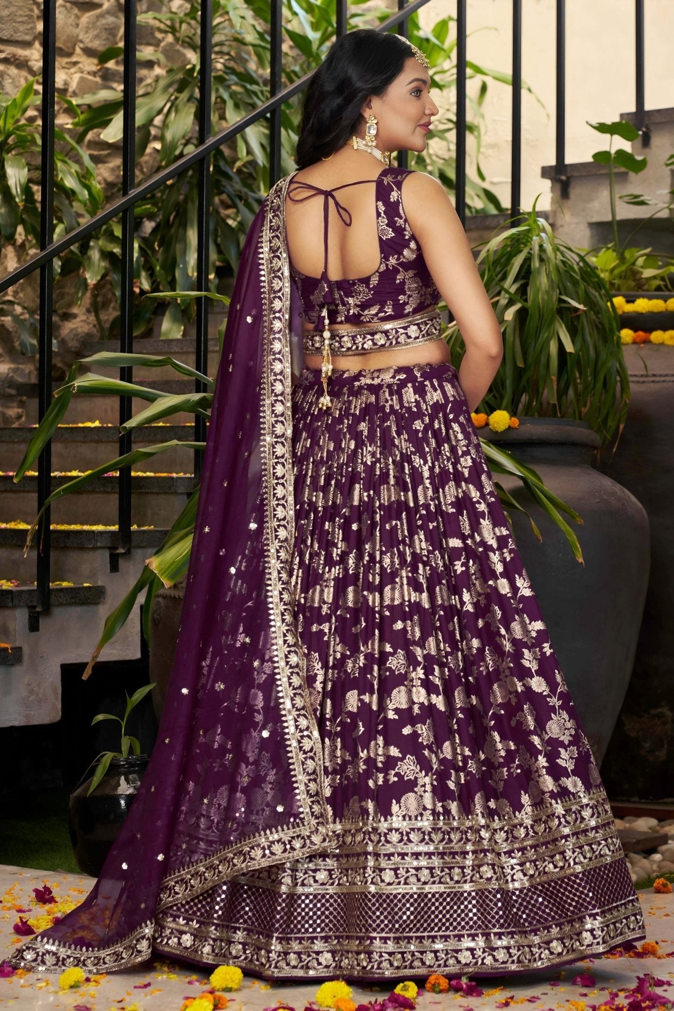 Wine Embroidered Silk Lehenga Choli Set with Mirror Work and Sequin Dupatta - Mangaldeep NX