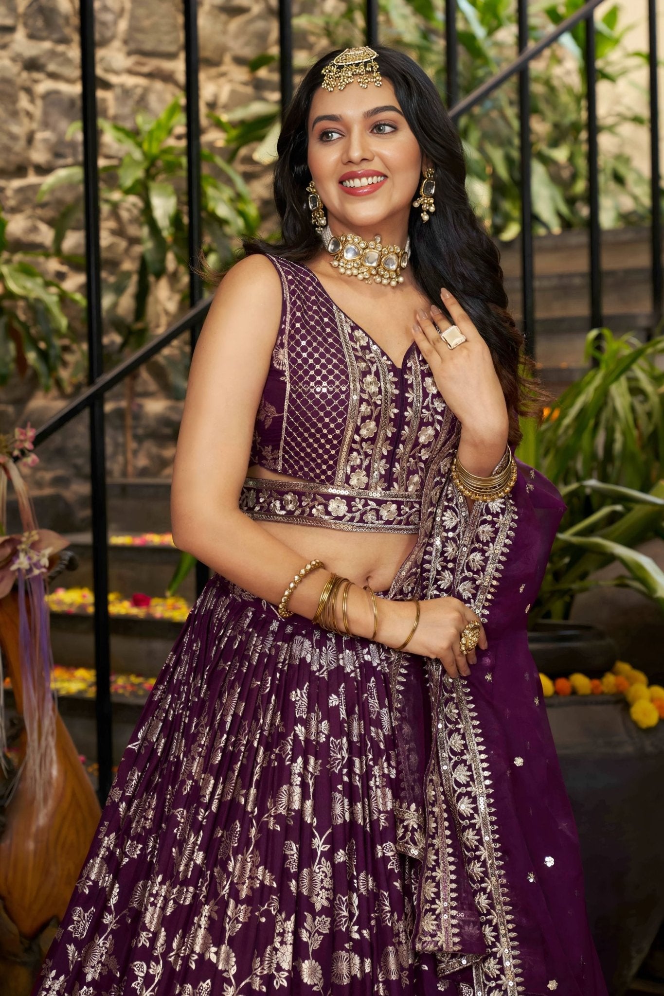 Wine Embroidered Silk Lehenga Choli Set with Mirror Work and Sequin Dupatta - Mangaldeep NX