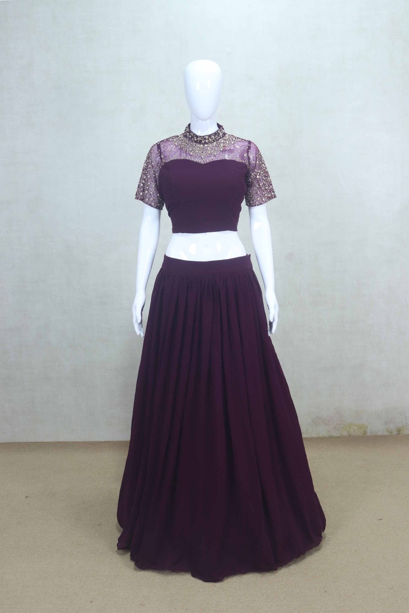 Wine Georgette Embellished Lehenga Choli with Dupatta - Mangaldeep NX