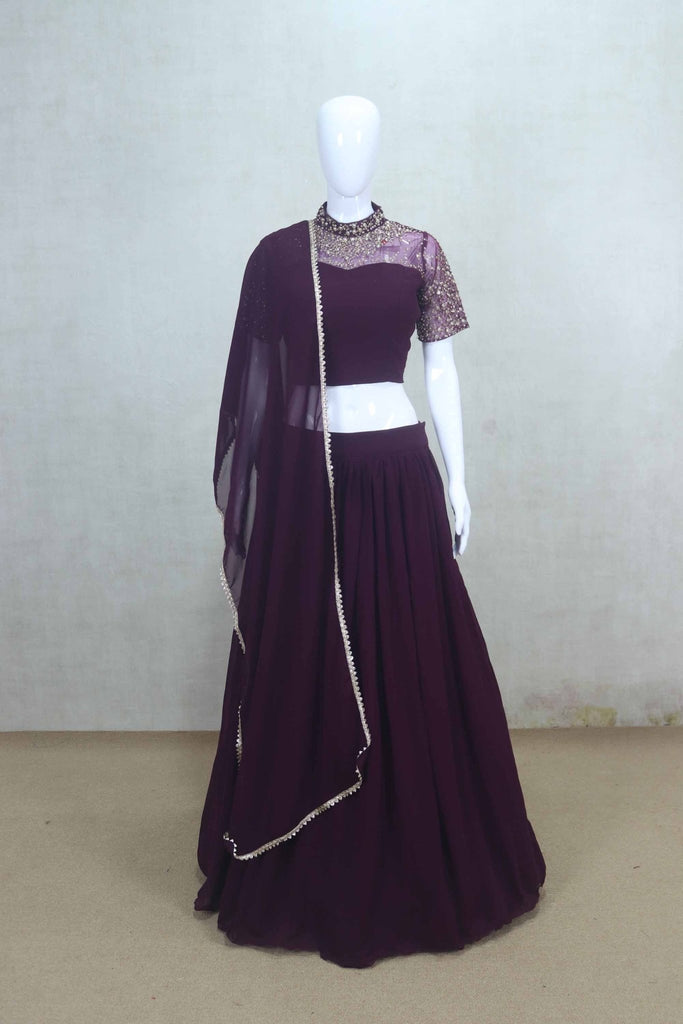 Wine Georgette Embellished Lehenga Choli with Dupatta - Mangaldeep NX