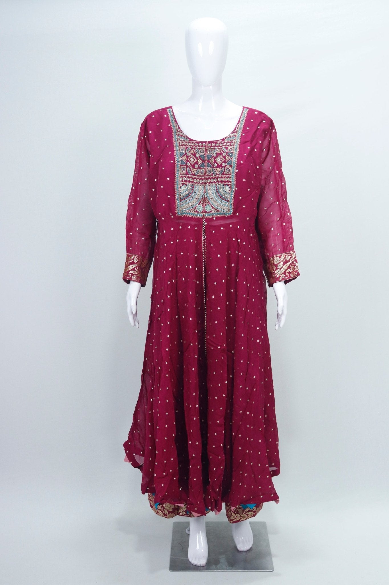 Wine Georgette Embroidered Anarkali Suit with Mirror Work Yoke and Dupatta - Mangaldeep NX