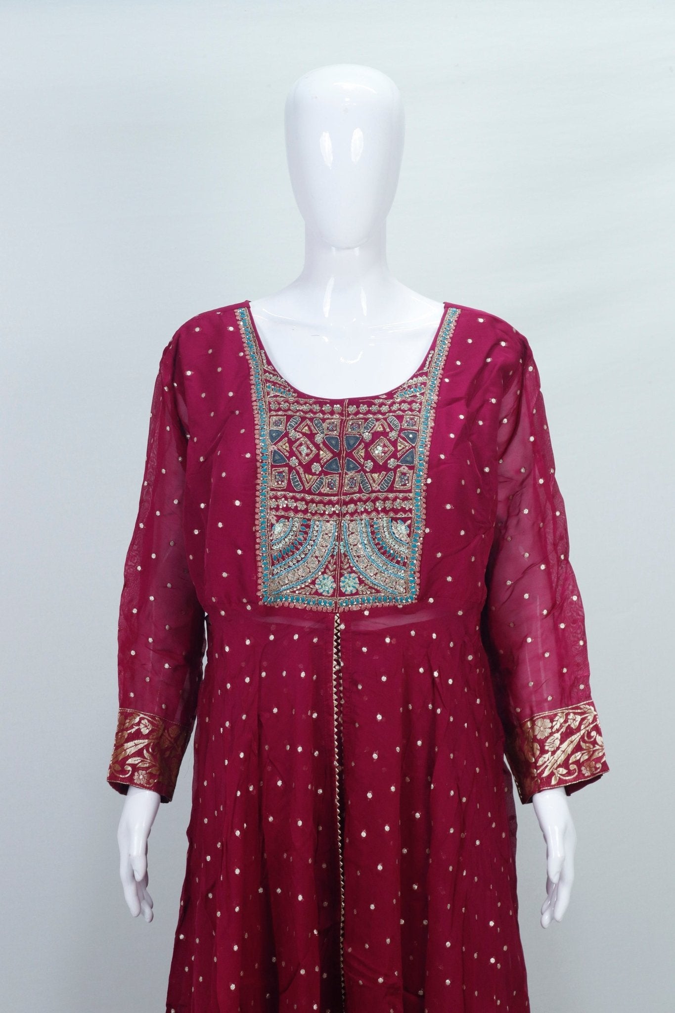 Wine Georgette Embroidered Anarkali Suit with Mirror Work Yoke and Dupatta - Mangaldeep NX