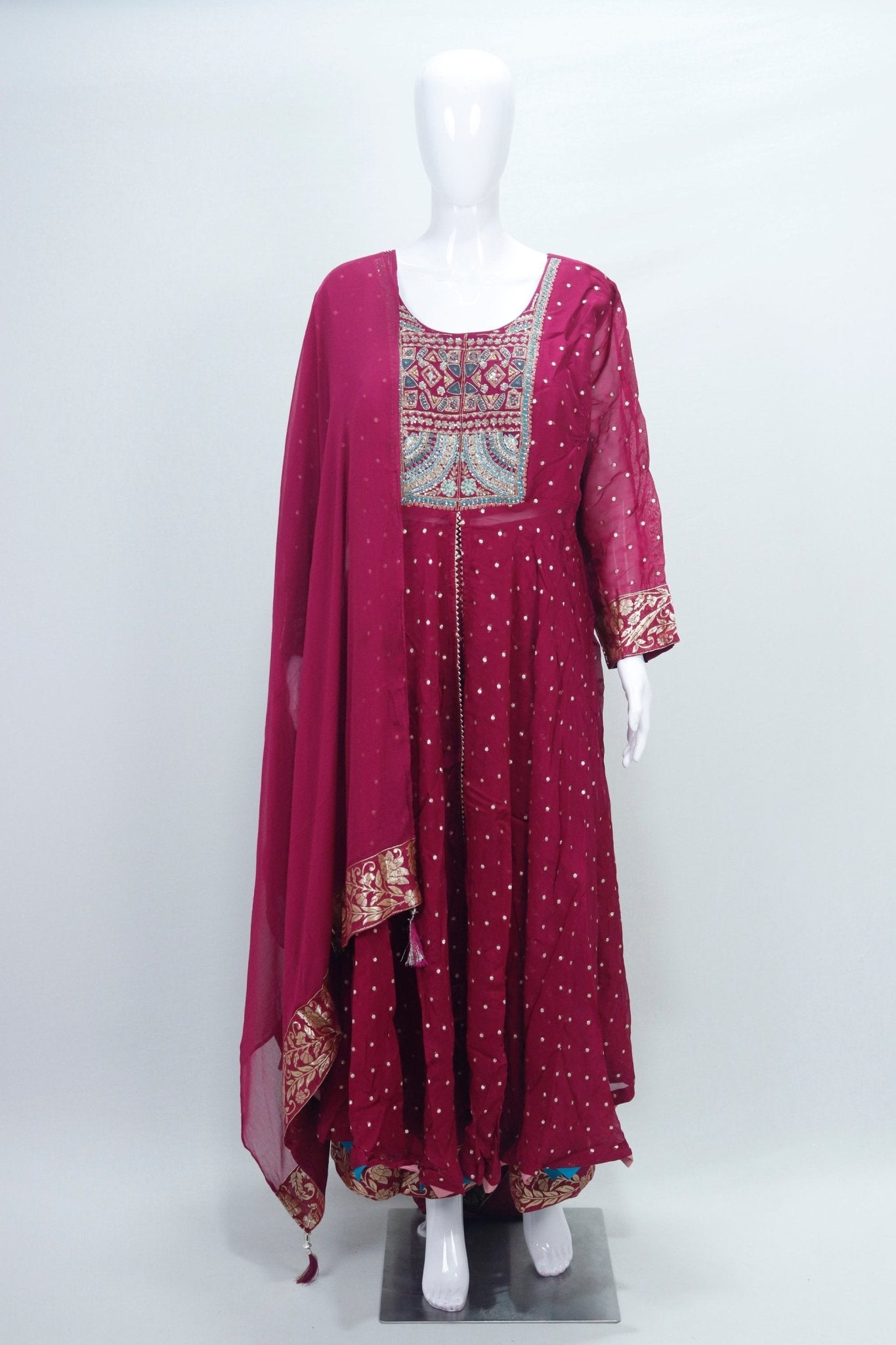 Wine Georgette Embroidered Anarkali Suit with Mirror Work Yoke and Dupatta - Mangaldeep NX