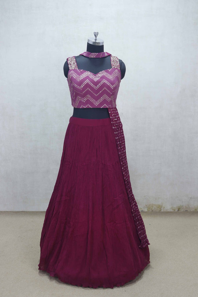 Wine Purple Sleeveless Mirror Work Lehenga Set with Crushed Skirt and Dupatta - Mangaldeep NX