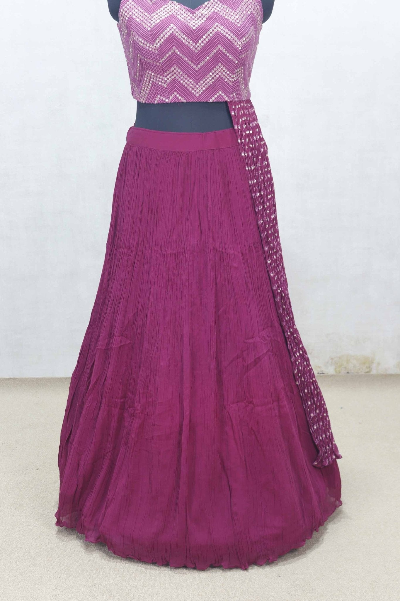 Wine Purple Sleeveless Mirror Work Lehenga Set with Crushed Skirt and Dupatta - Mangaldeep NX