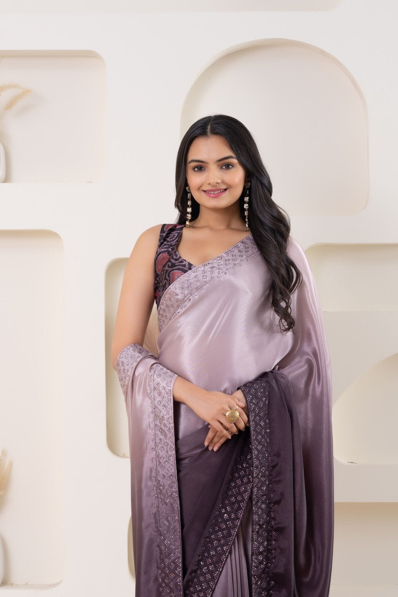 Wine Satin Silk Saree with Embroidered Border and Designer Blouse - Mangaldeep NX