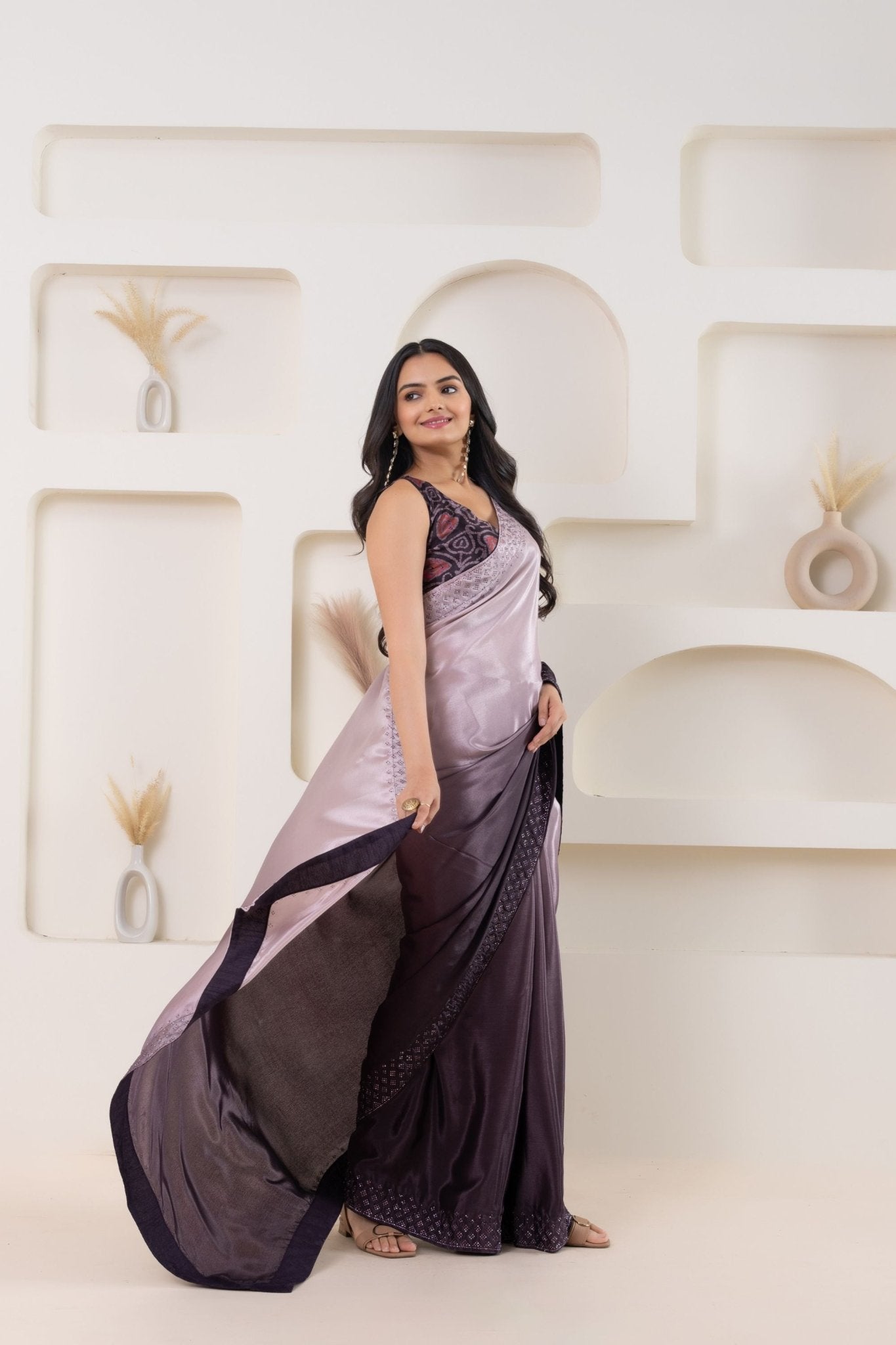 Wine Satin Silk Saree with Embroidered Border and Designer Blouse - Mangaldeep NX