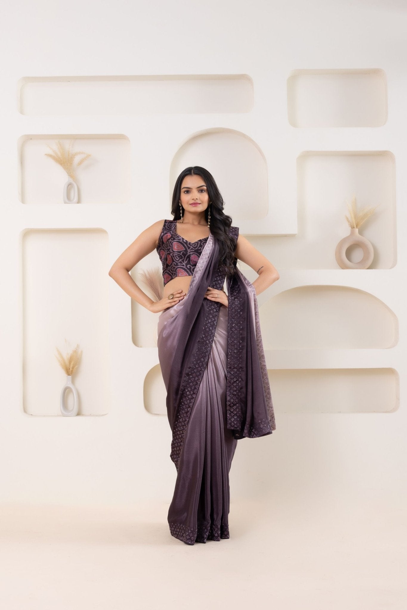 Wine Satin Silk Saree with Embroidered Border and Designer Blouse - Mangaldeep NX