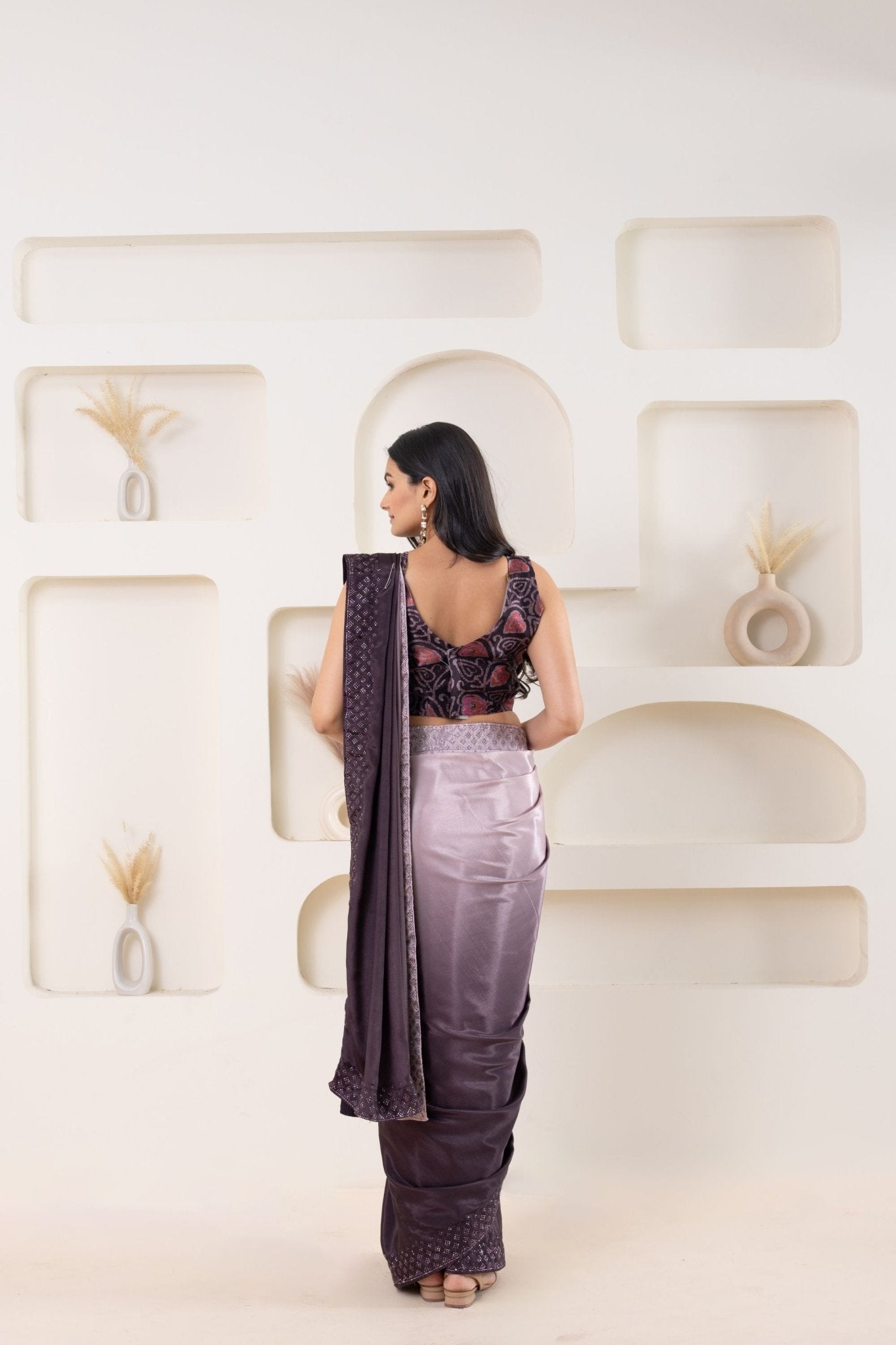 Wine Satin Silk Saree with Embroidered Border and Designer Blouse - Mangaldeep NX
